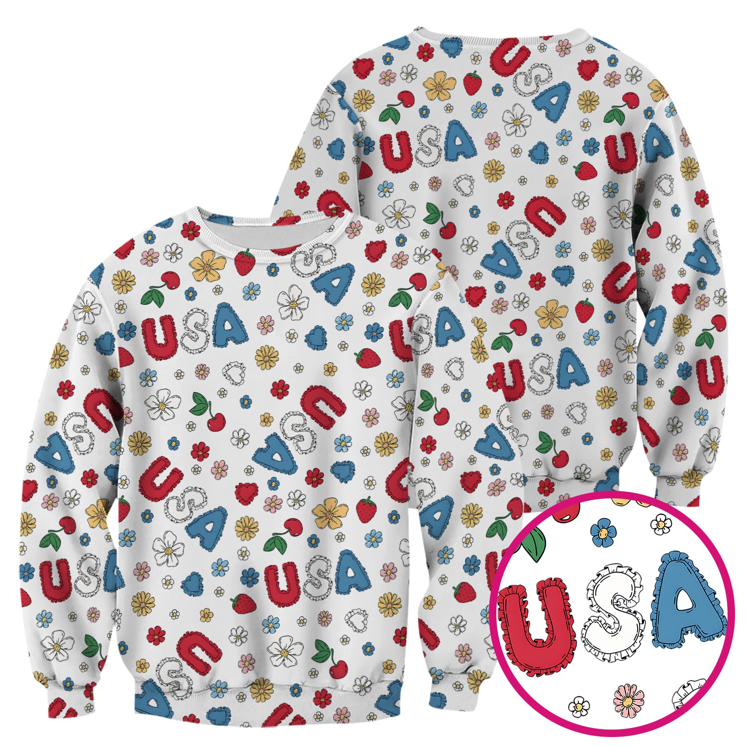 USA Cherry Strawberry Floral Patch Pattern Scrub Top, Comfortable Scrubs for Nurses