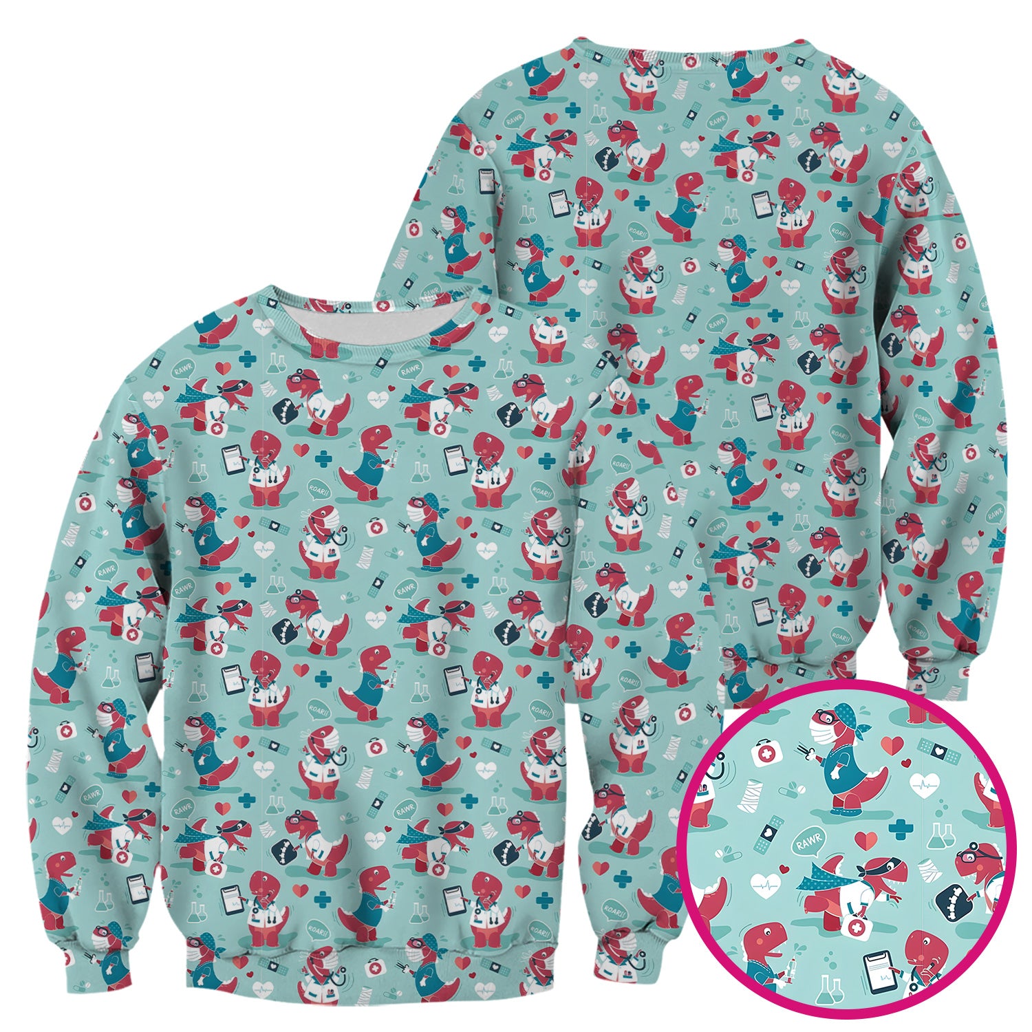 Cute Dinosaur Doctor Medical Pattern Scrub Top, Breathable Fabrics Nursing Uniform