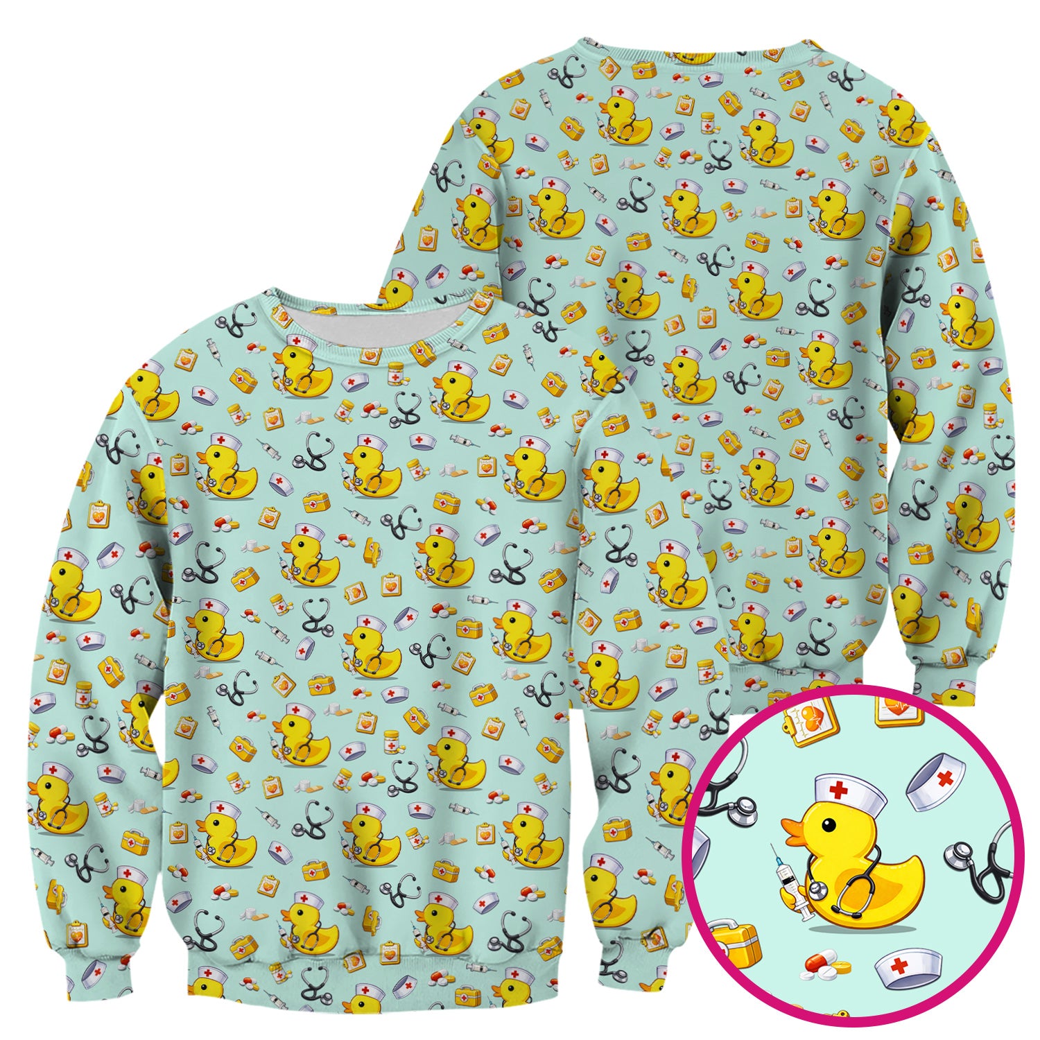 Playful Medical Duck Print Nurse Scrub Top, Comfortable Scrubs for Nurses