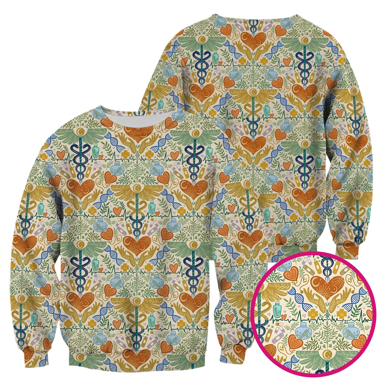 Inspirational Botanical Medical Caduceus Heart Nurse Pattern Scrub Top, Breathable Fabrics Nursing Uniform
