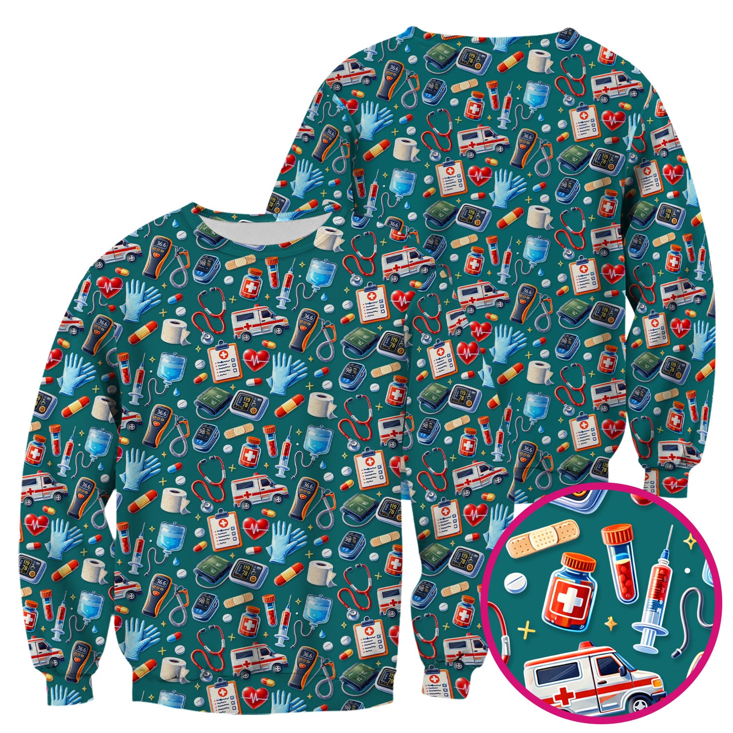Medical Tools Pattern Ambulance Stethoscope Scrub Top, Comfortable Scrubs for Nurses