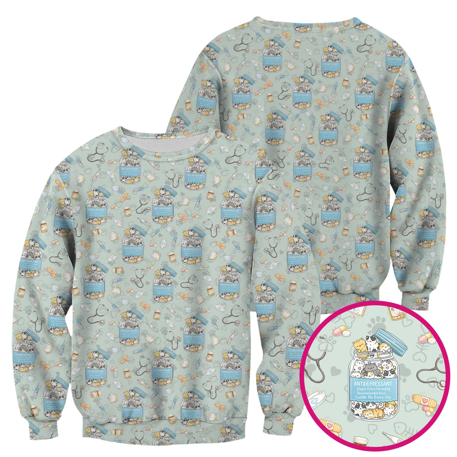 Cute Antidepressant Cat Jar Print Nurse Scrub Top, Breathable Fabrics Nursing Uniform