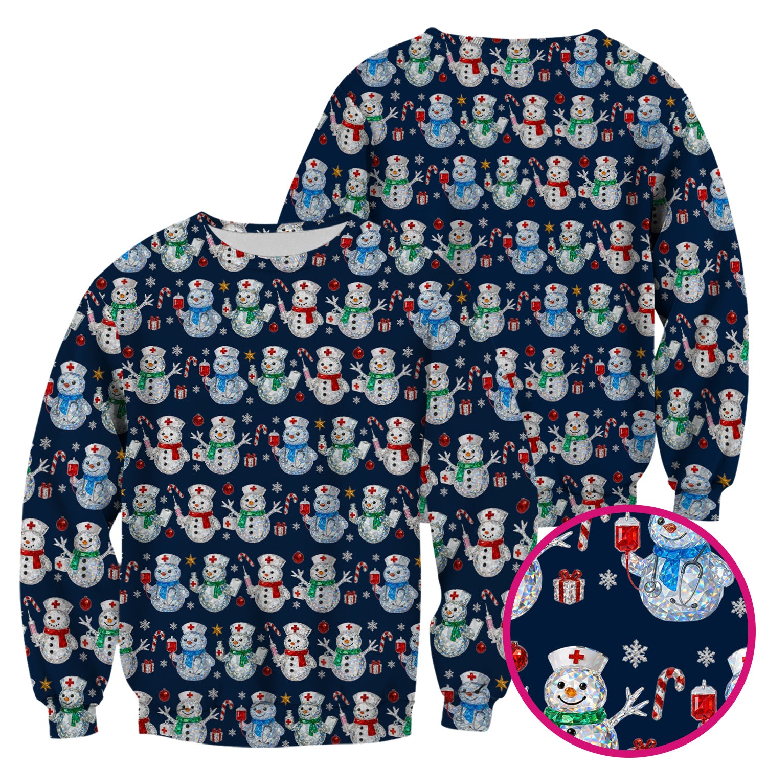 Nurse Snowman Christmas Scrub Top, Cute Holiday Medical Pattern Shirt For Women, Winter Snowflake Nursing Uniform