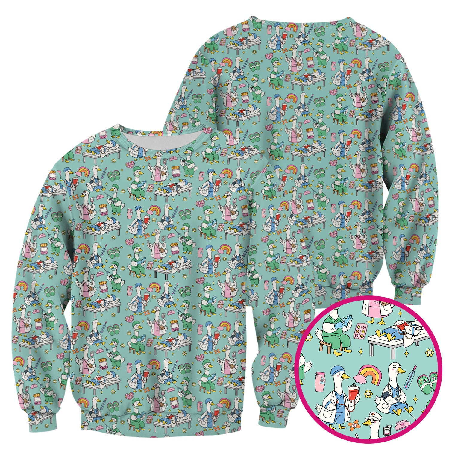 Funny Nurse Duck Medical Doodle Pattern Scrub Top, Comfortable Nurse Workwear Top