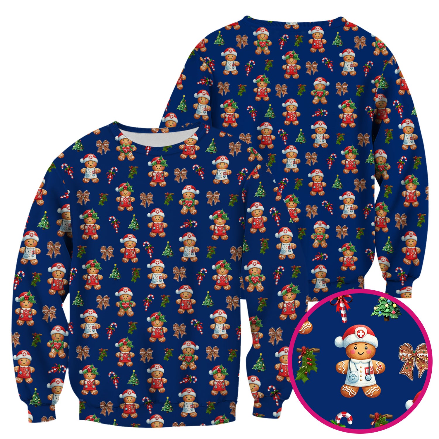 Funny Christmas Scrub Top for Nurse - Adorable Gingerbread Candy Cane Bow- Festive Medical Uniform for Women
