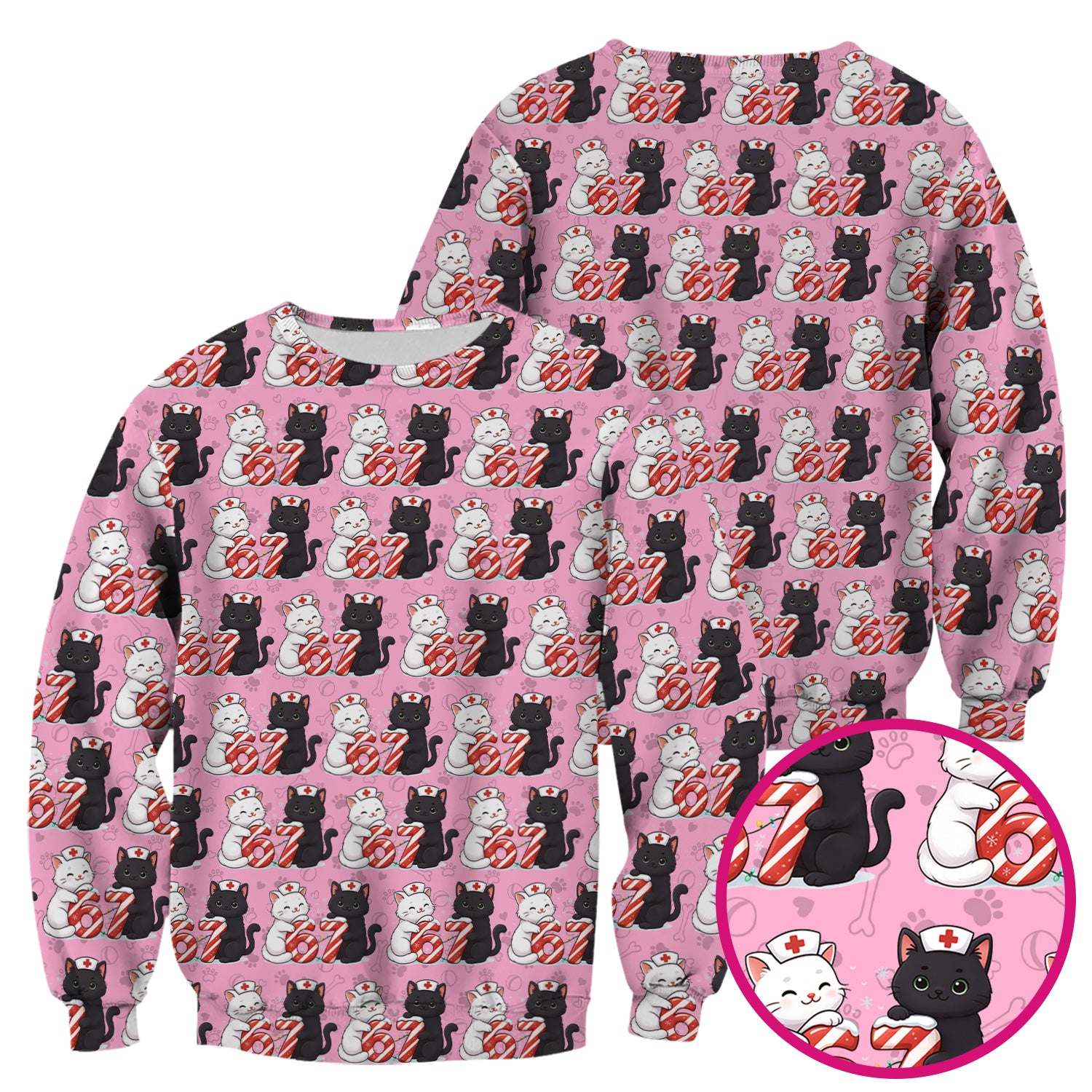 Xmas Cat Pattern Scrub Top, Christmas Nurse Six Seven With Cat Scrub Shirt, Breathable Fabrics Nursing Uniform