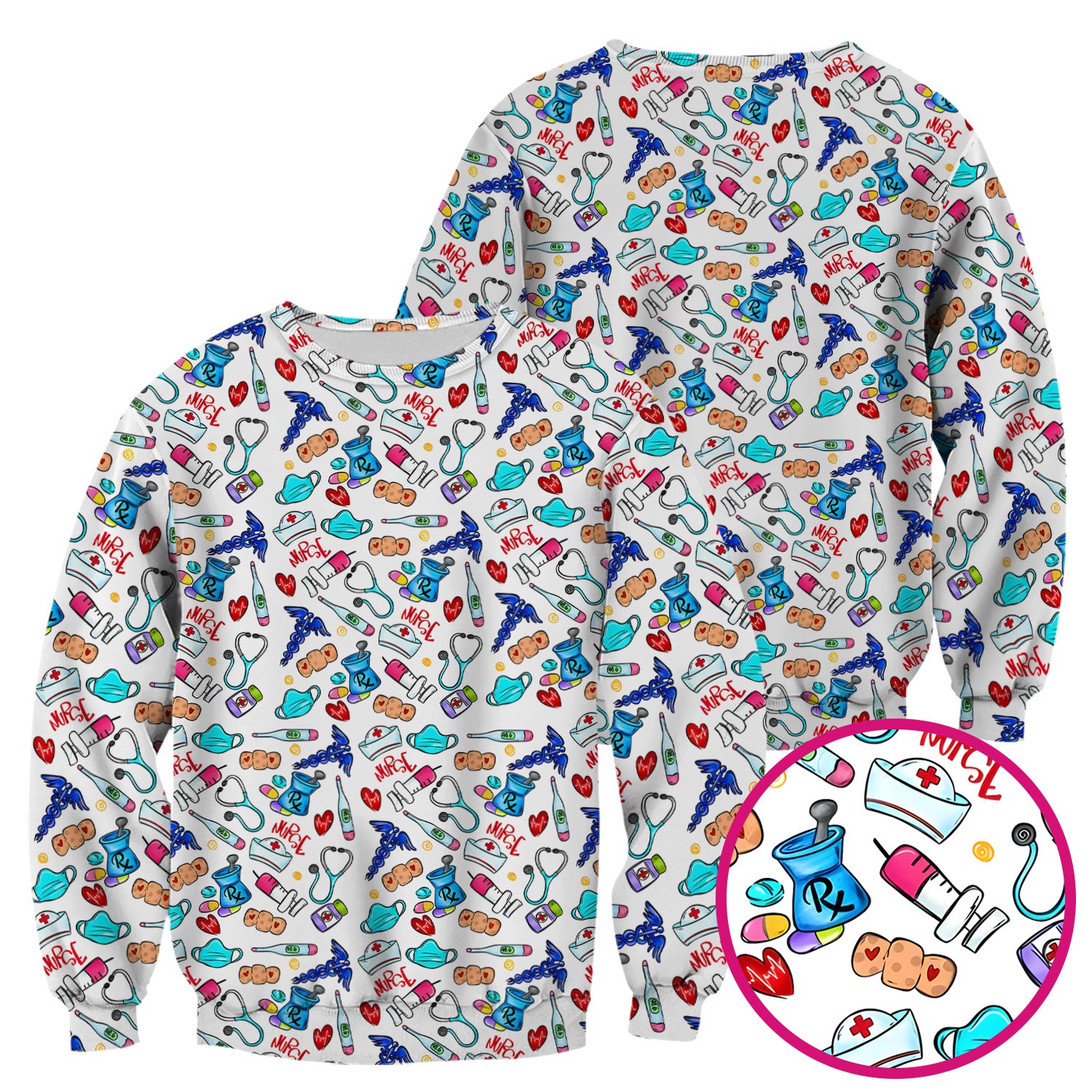 Nurse Medical Icons Stethoscope Heart Pattern Scrub Top, Comfortable Scrubs for Nurses