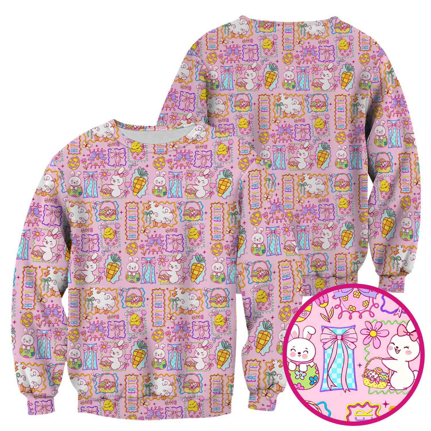 Cute Easter Bunny Egg and Bow Print Scrub Top, Breathable Fabrics Nursing Uniform