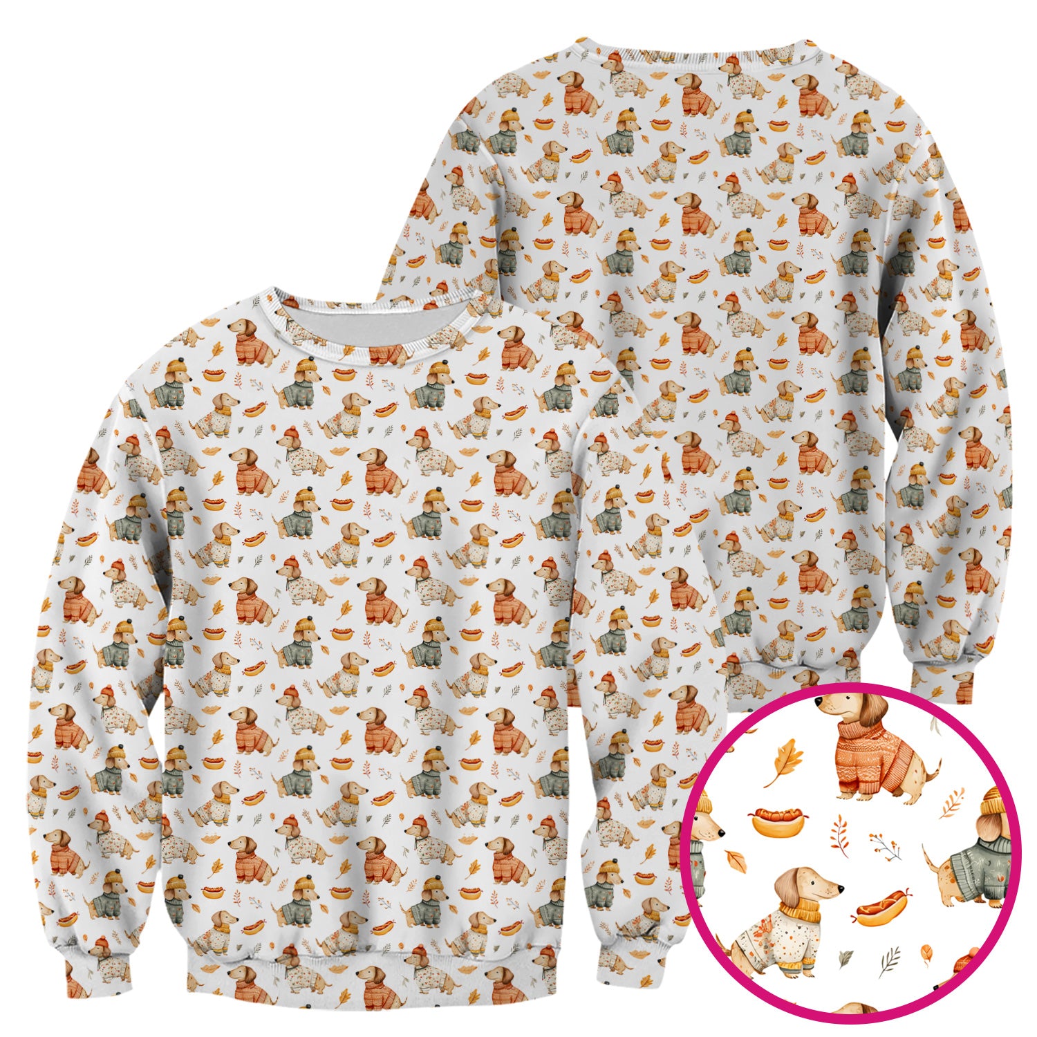 Autumn Dachshund Dog Sweater Print Scrub Top, Comfortable Scrubs for Nurses