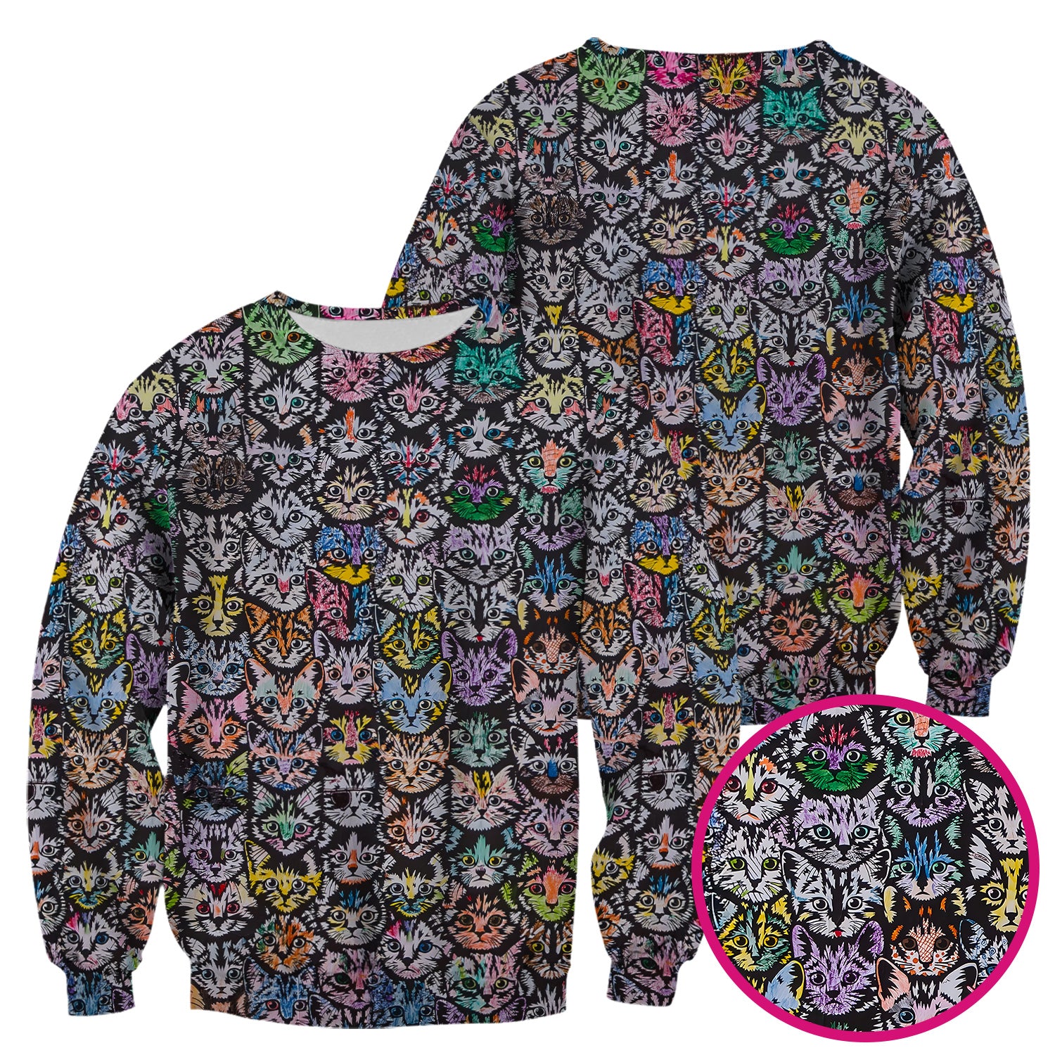 Colorful Cat Faces Pattern Scrub Top, Artistic Kitty Portrait Print, Breathable Fabrics Nursing Uniform