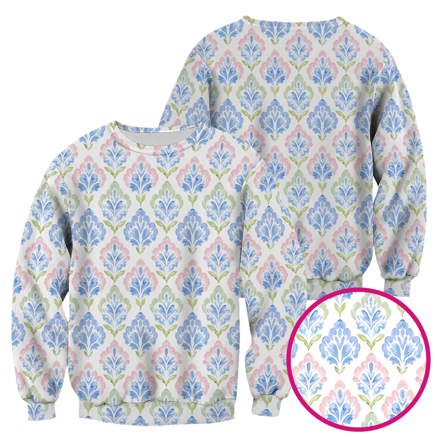 Blue Floral Damask Pattern Scrub Top, Breathable Fabrics Nursing Uniform