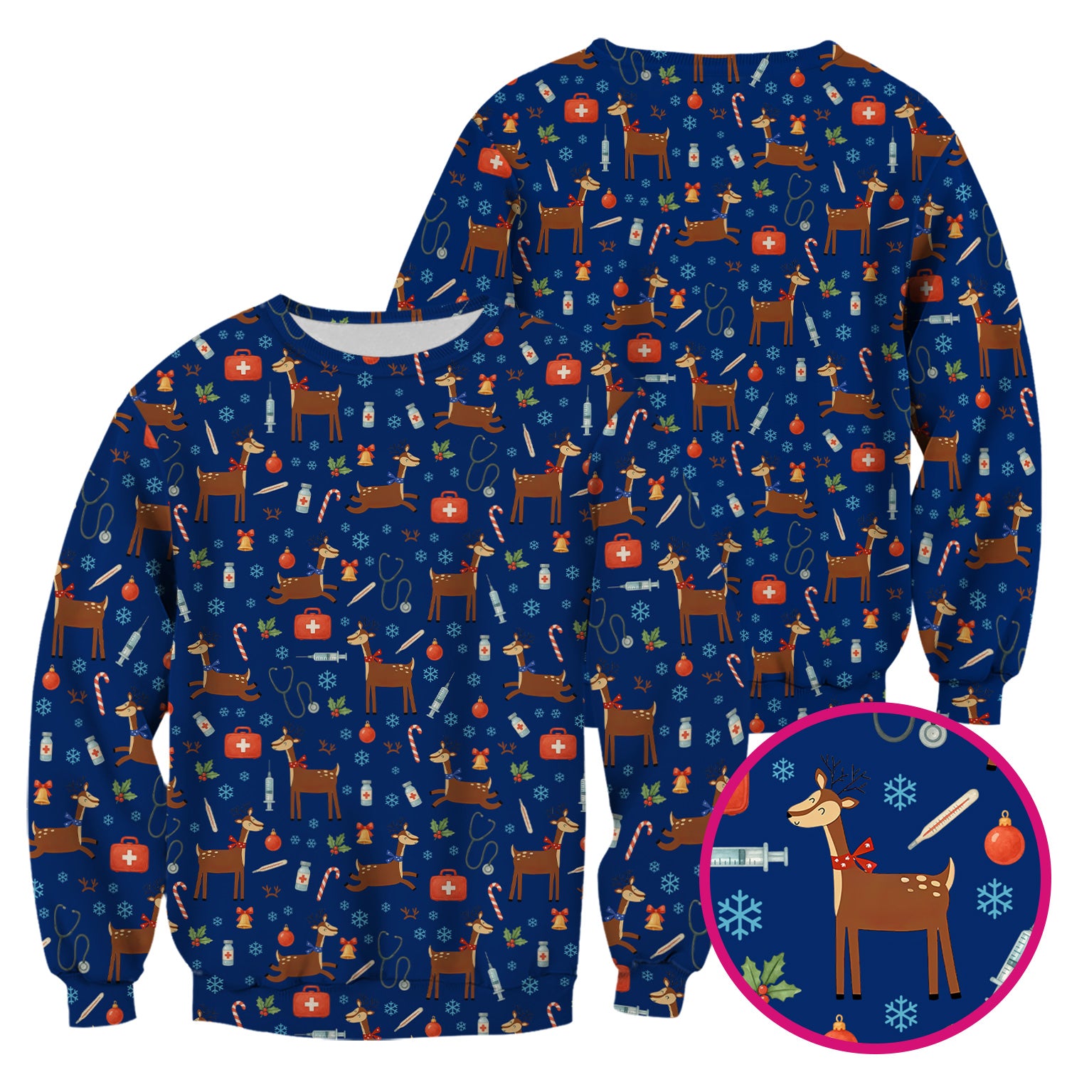 Christmas Reindeer Scrub Top for Nurses - Cute Reindeers Snowflakes Candy Canes Shirt - Comfortable Med Uniform