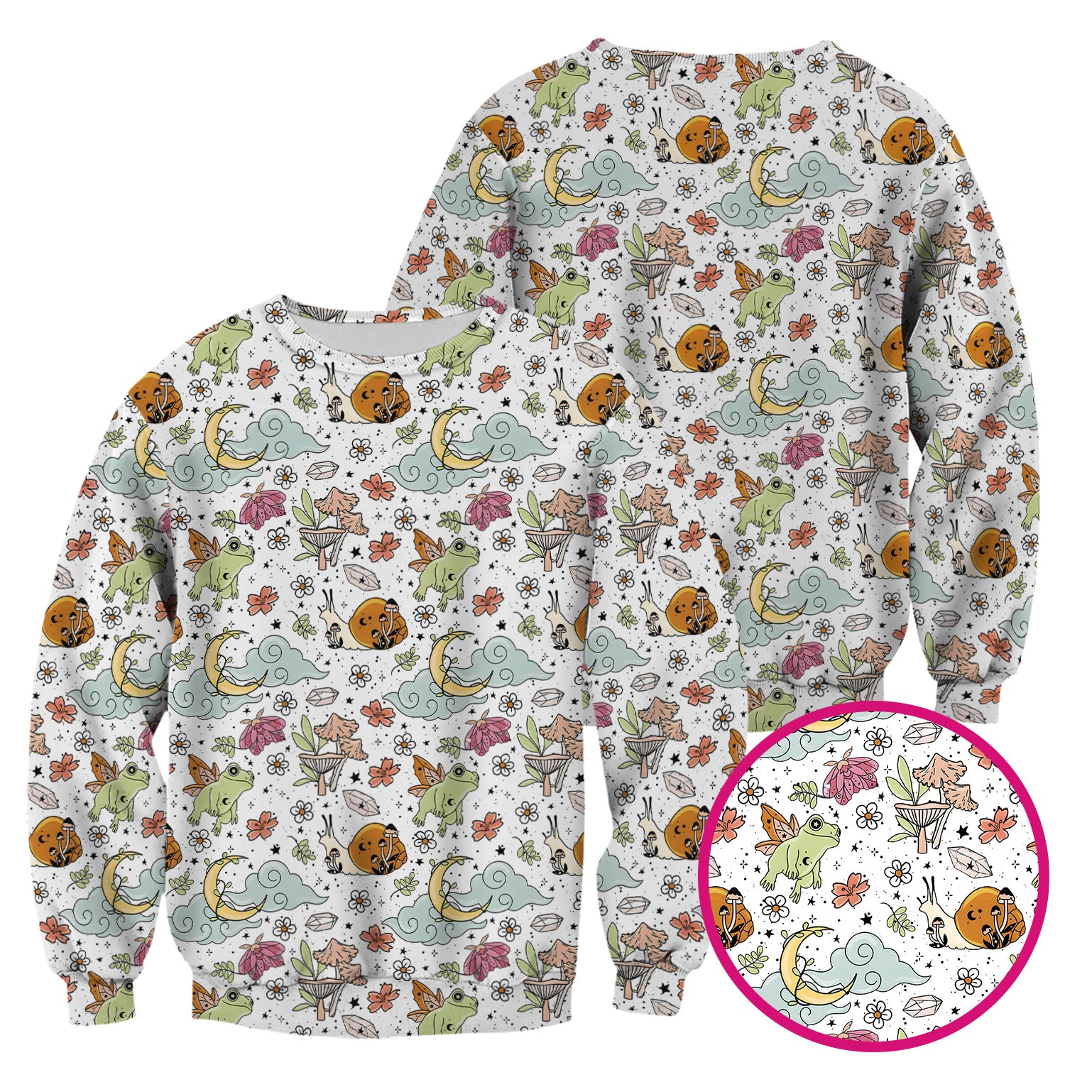 Whimsical Frog Moon Mushroom Pattern Scrub Top, Fantasy Nature Print, Breathable Fabrics Nursing Uniform