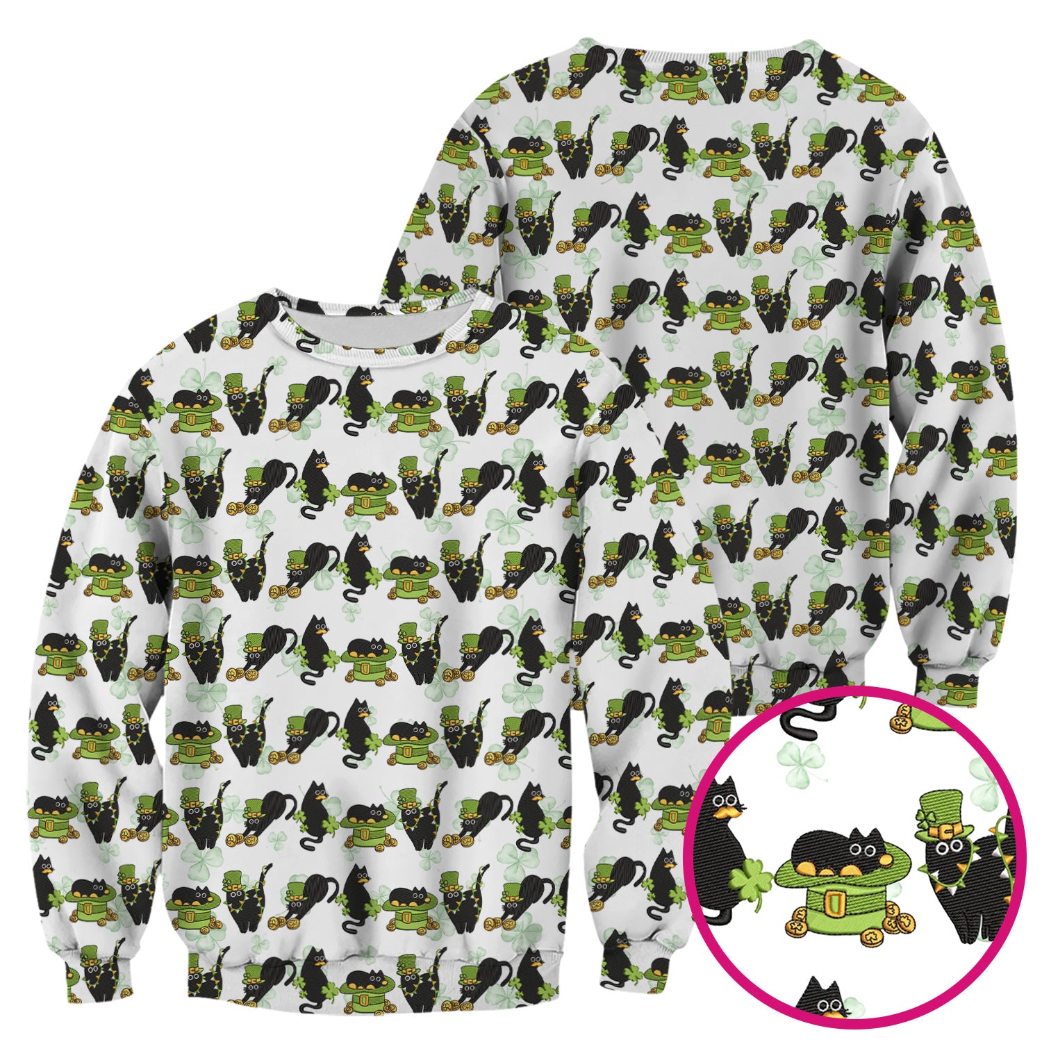 St. Patrick Black Cat Clover Print Nurse Scrub Top, Comfortable Scrubs for Nurses