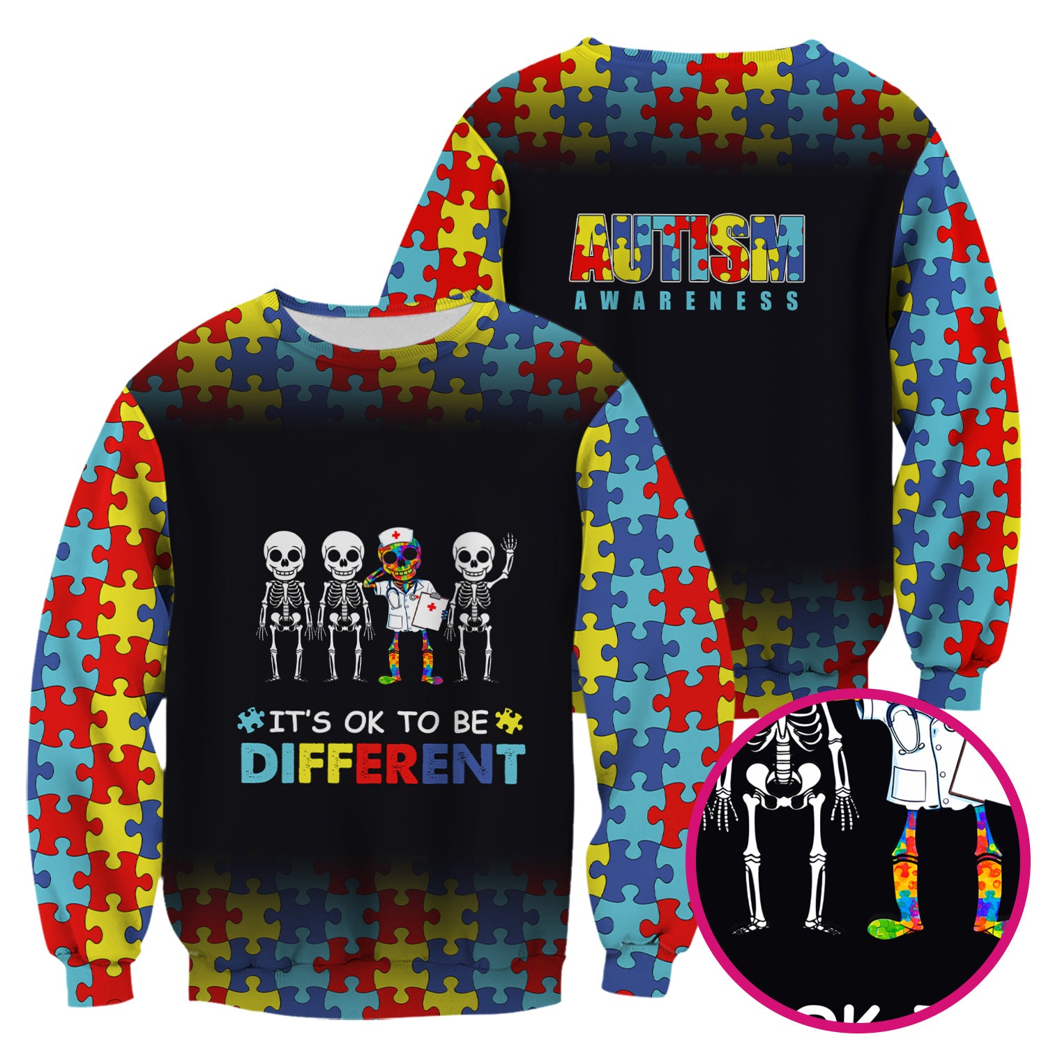 Autism Puzzle Skeleton Nurse It's OK to Be Different Scrub Top, Comfortable Scrubs for Nurses
