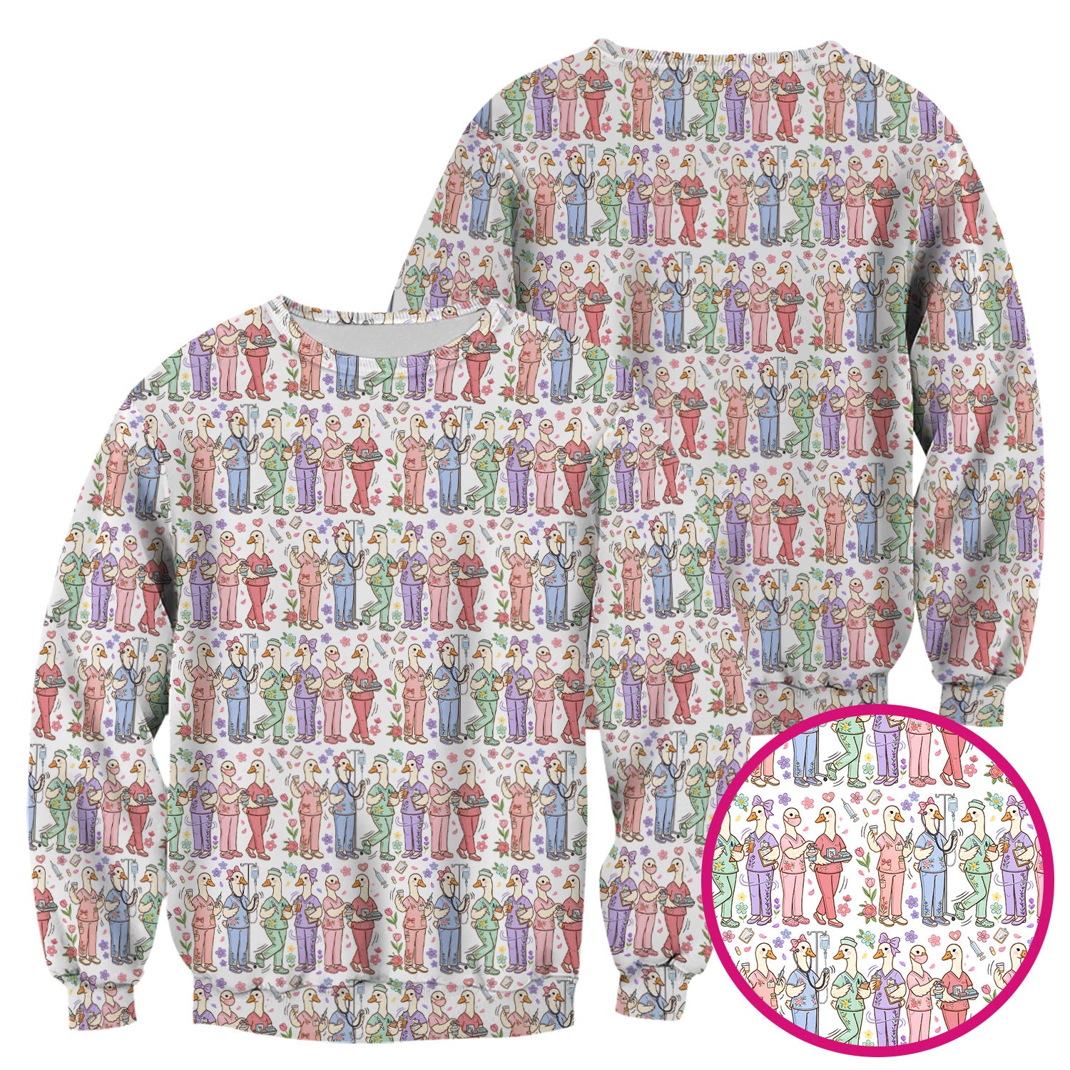 Goose Characters Floral Medical Team Uniform Pattern Scrub Top, Breathable Fabrics Nursing Uniform
