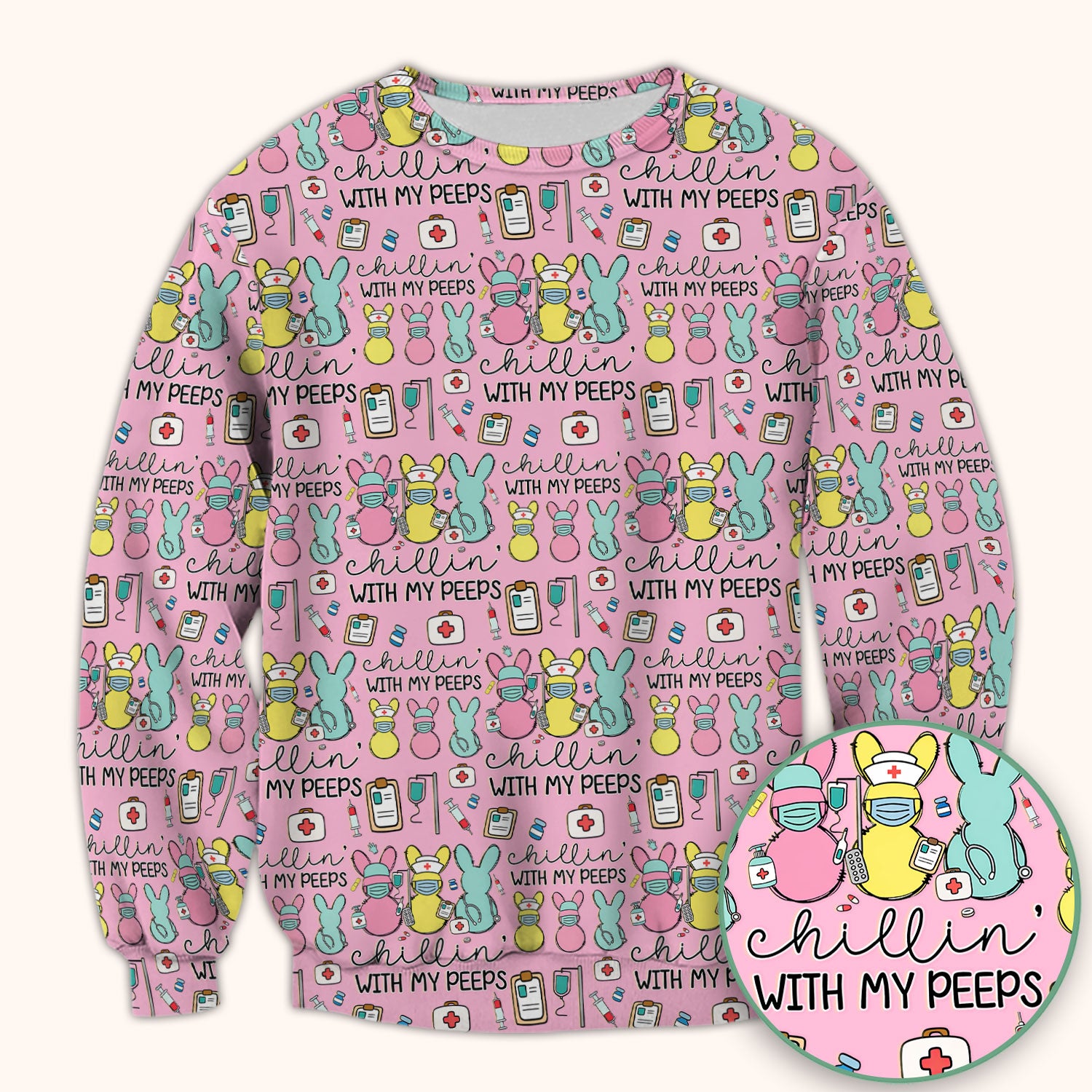 Cute Bunny Nurse Chillin With My Peeps Scrub Top, Comfortable Scrubs for Nurses, Easter