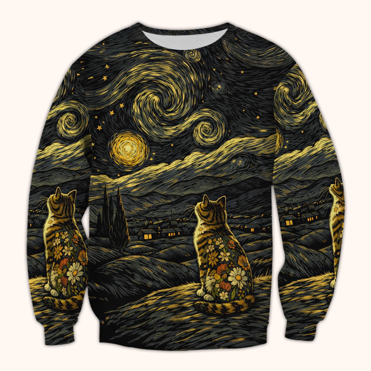 Galaxy Night Sky Cat With Flowers Print Scrub Top, Breathable Fabrics Nursing Uniform