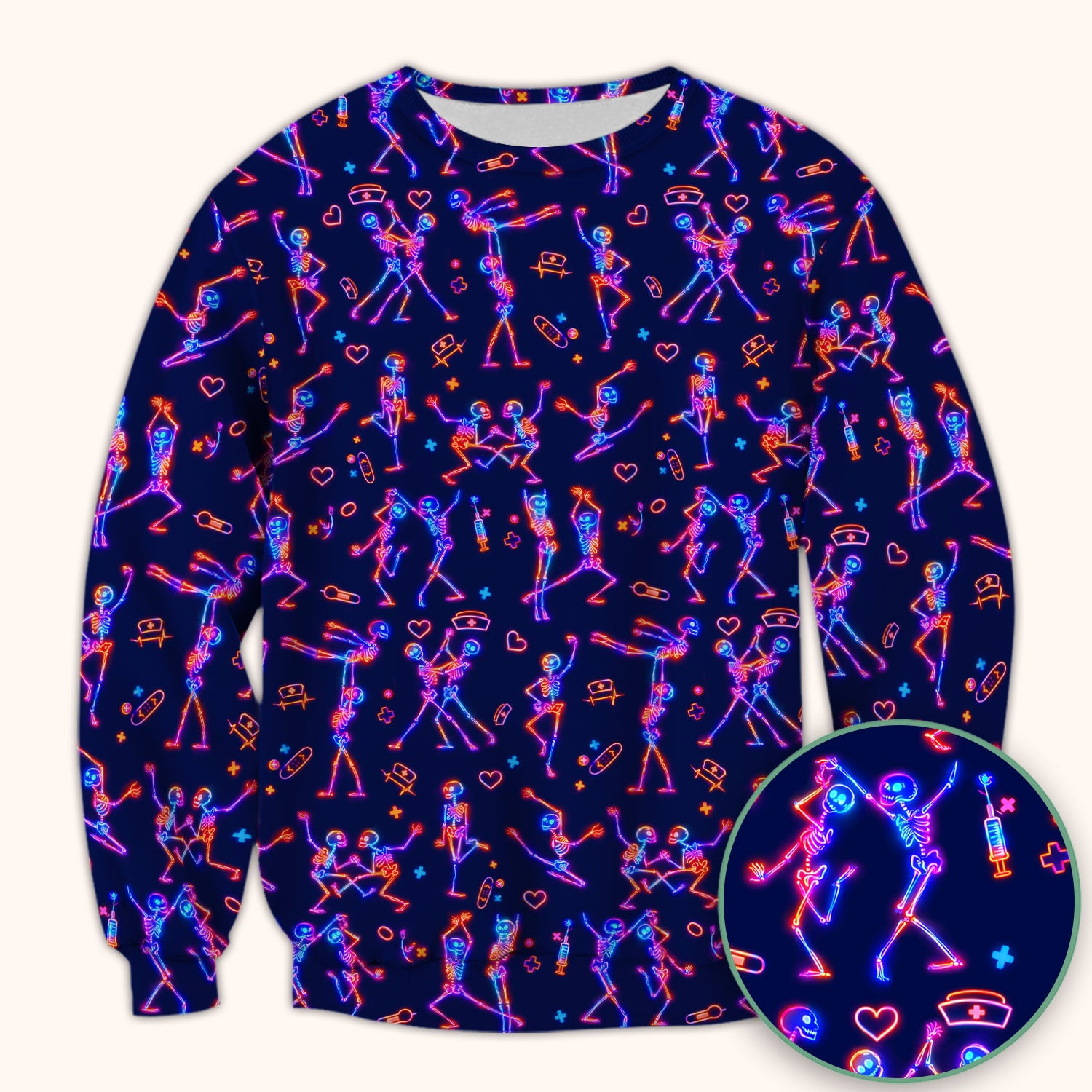 Neon Dancing Skeleton Medical Pattern Scrub Top, Comfortable Scrubs for Nurses