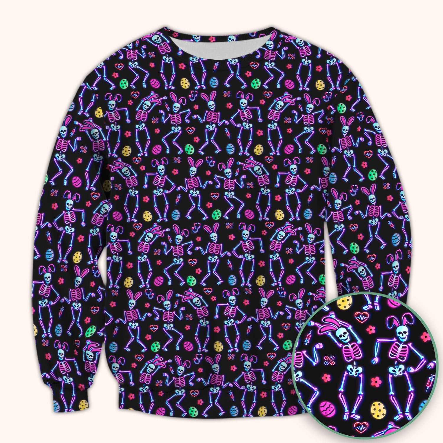 Neon Easter Skeleton Pattern Scrub Top, Comfortable Scrubs for Nurses