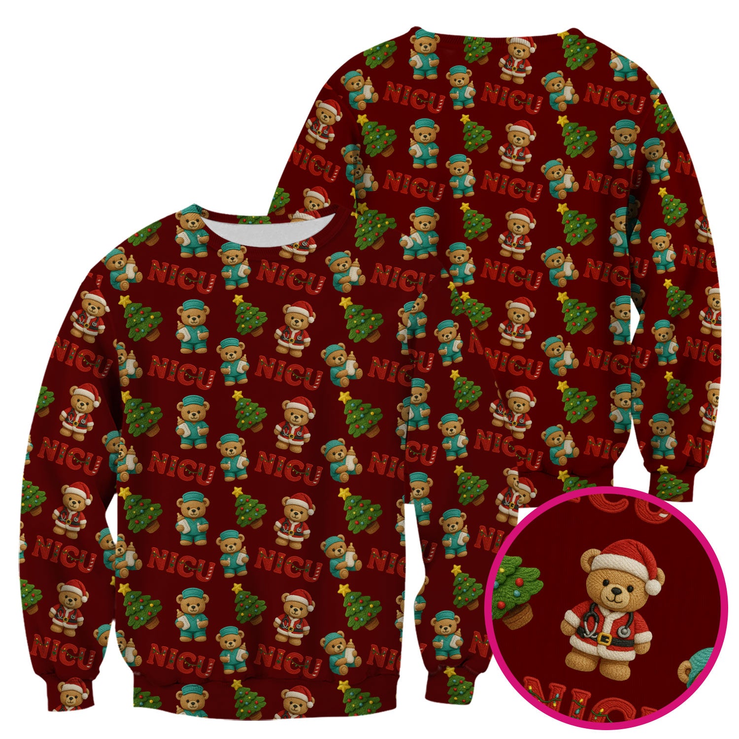 Festive Christmas NICU Nurse Teddy Bear Pattern, Breathable Fabrics Nursing Uniform