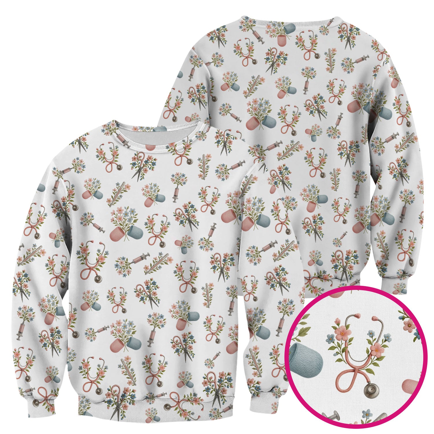 Floral Medical Scrub Top, Elegant Stethoscope With Flower Nursing Shirt, Breathable Fabrics Nurse Uniform