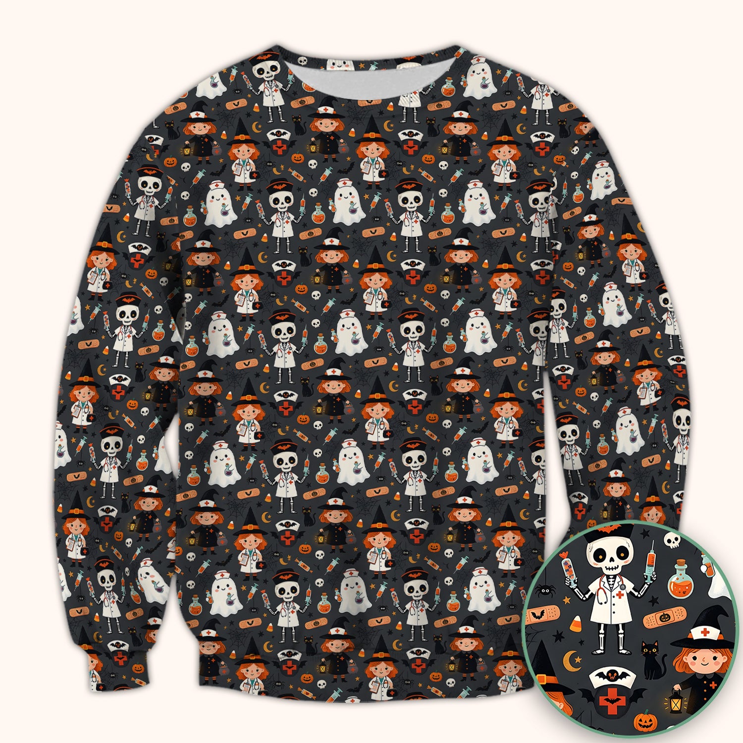 Halloween Witch And Skeleton Nurse Scrub Top, Comfortable Scrubs for Nurses