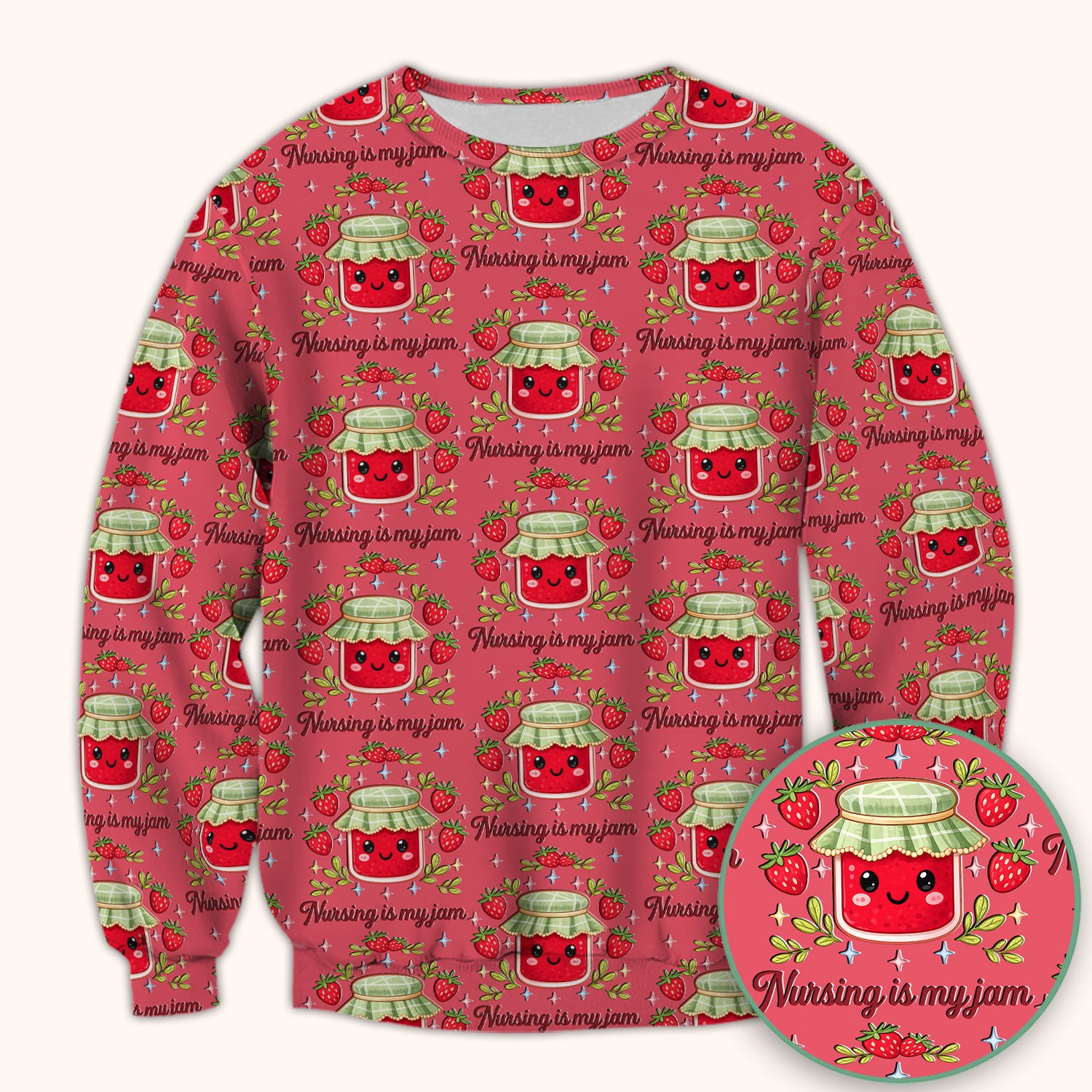 Cute Strawberry Jam Nurse Pattern Scrub Top, Breathable Fabrics Nursing Uniform