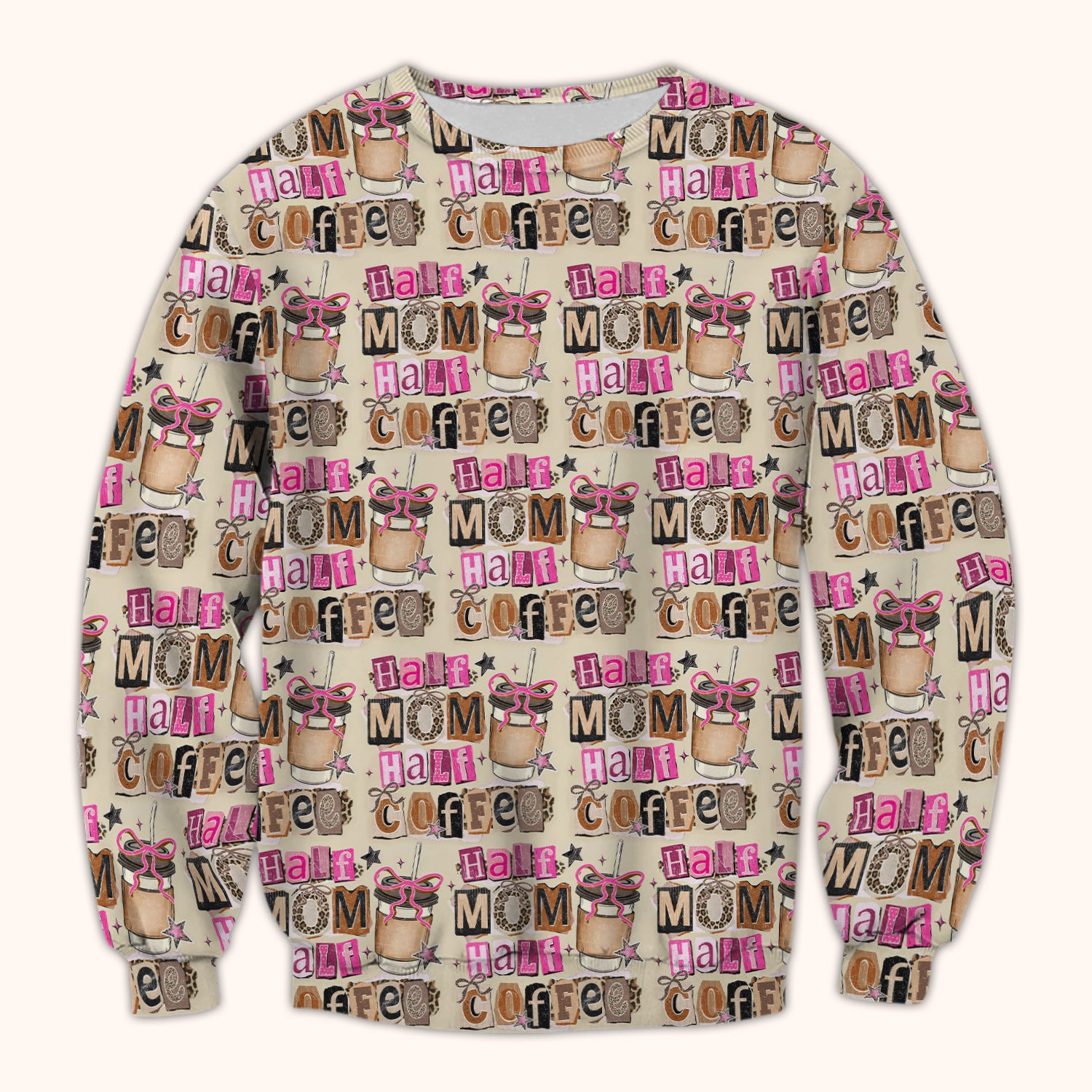 Half Mom Half Coffee Print Scrub Top, Caffeine Lover Nursing Uniform for Women