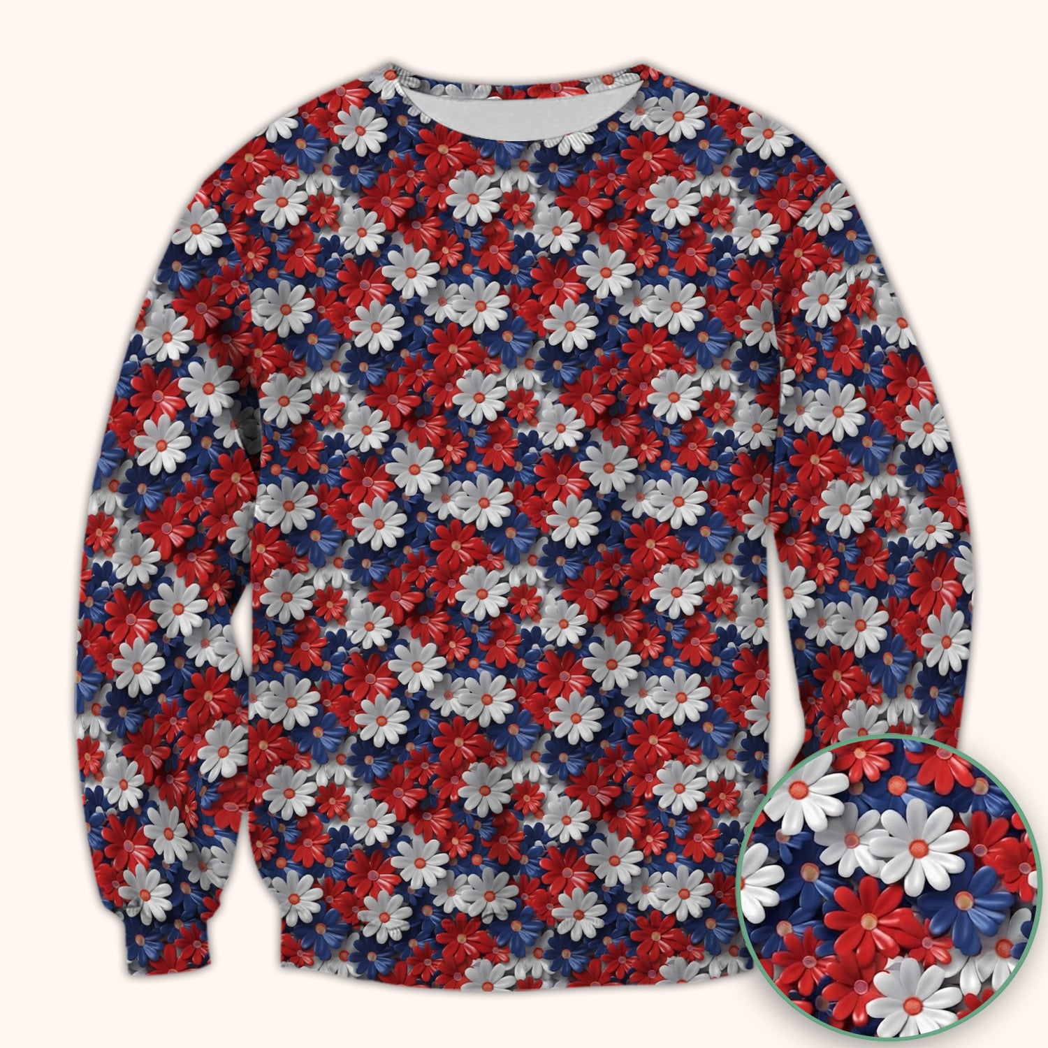 Festive Patriotic Daisy Bloom Pattern Scrub Top, Comfortable Scrubs for Nurses