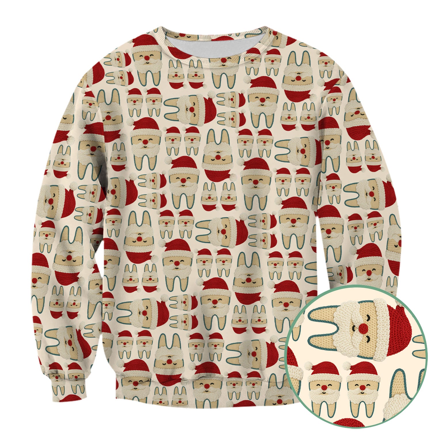 Christmas Tooth Scrub Top - Cute Santa Tooth Pattern for Dentists & Hygienists - Crochet Style Holiday Medical Uniform for Women