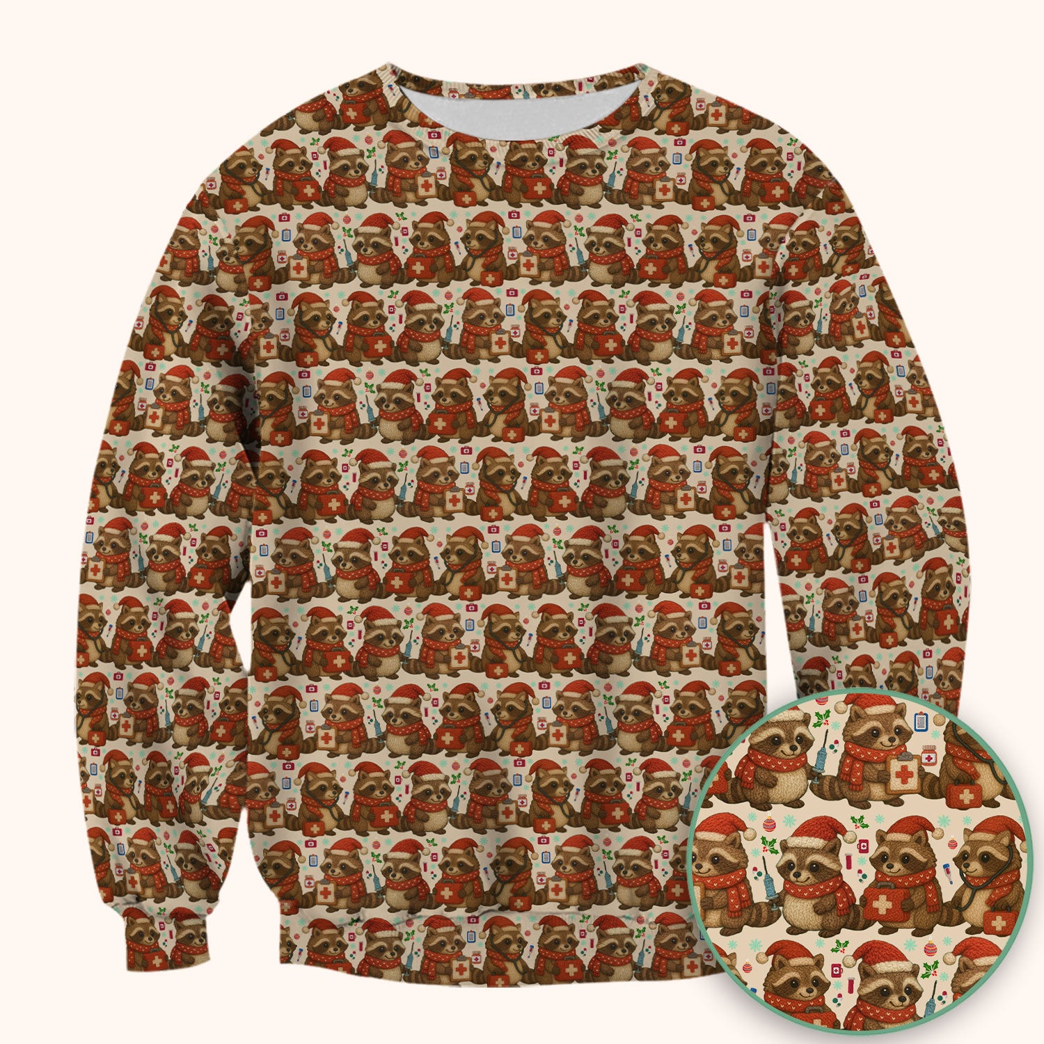 Christmas Scrub Top – Nurse Raccoon Pattern Shirt – Cute Medical Uniform For Nursing