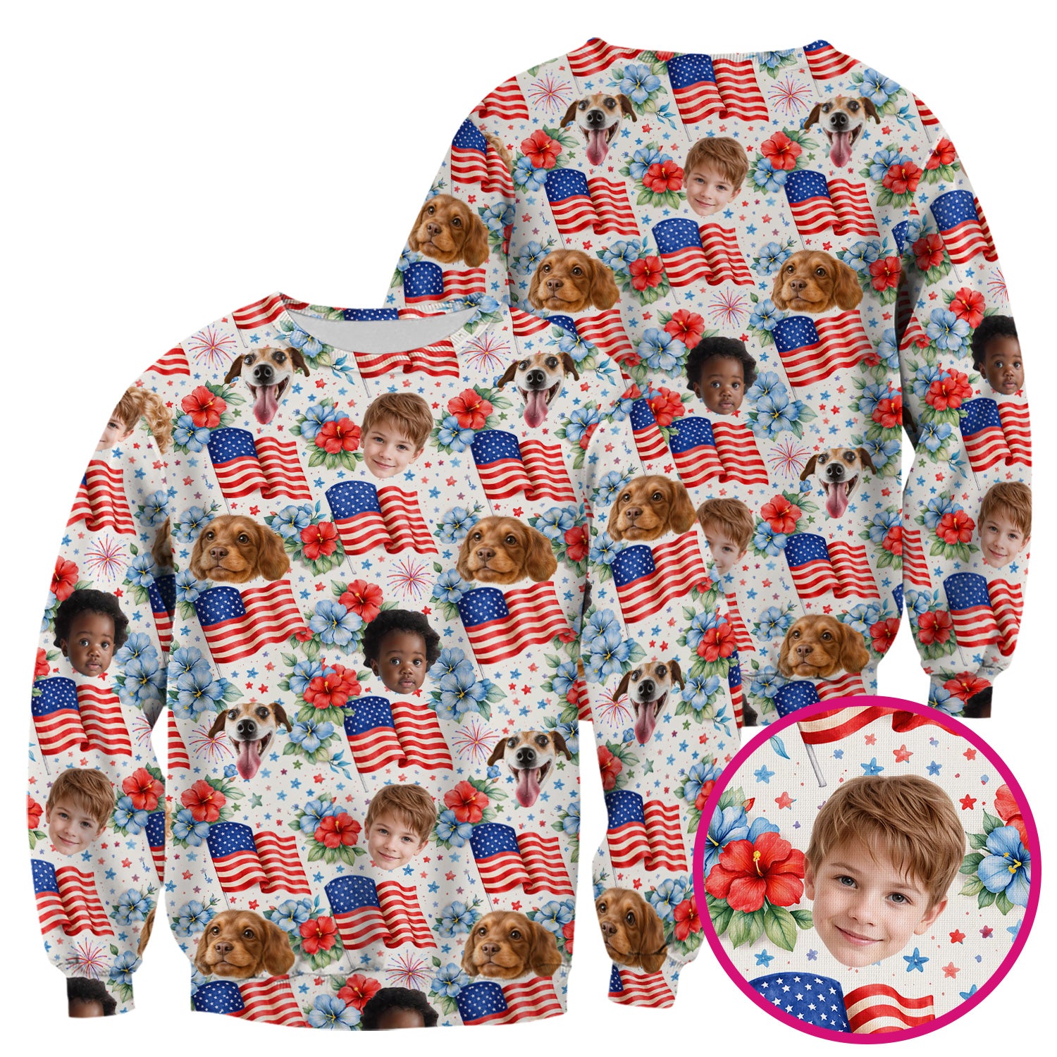 Custom Photo Patriotic Kids & Pet Faces Flag Nurse Scrub Top, Breathable Fabrics Nursing Uniform