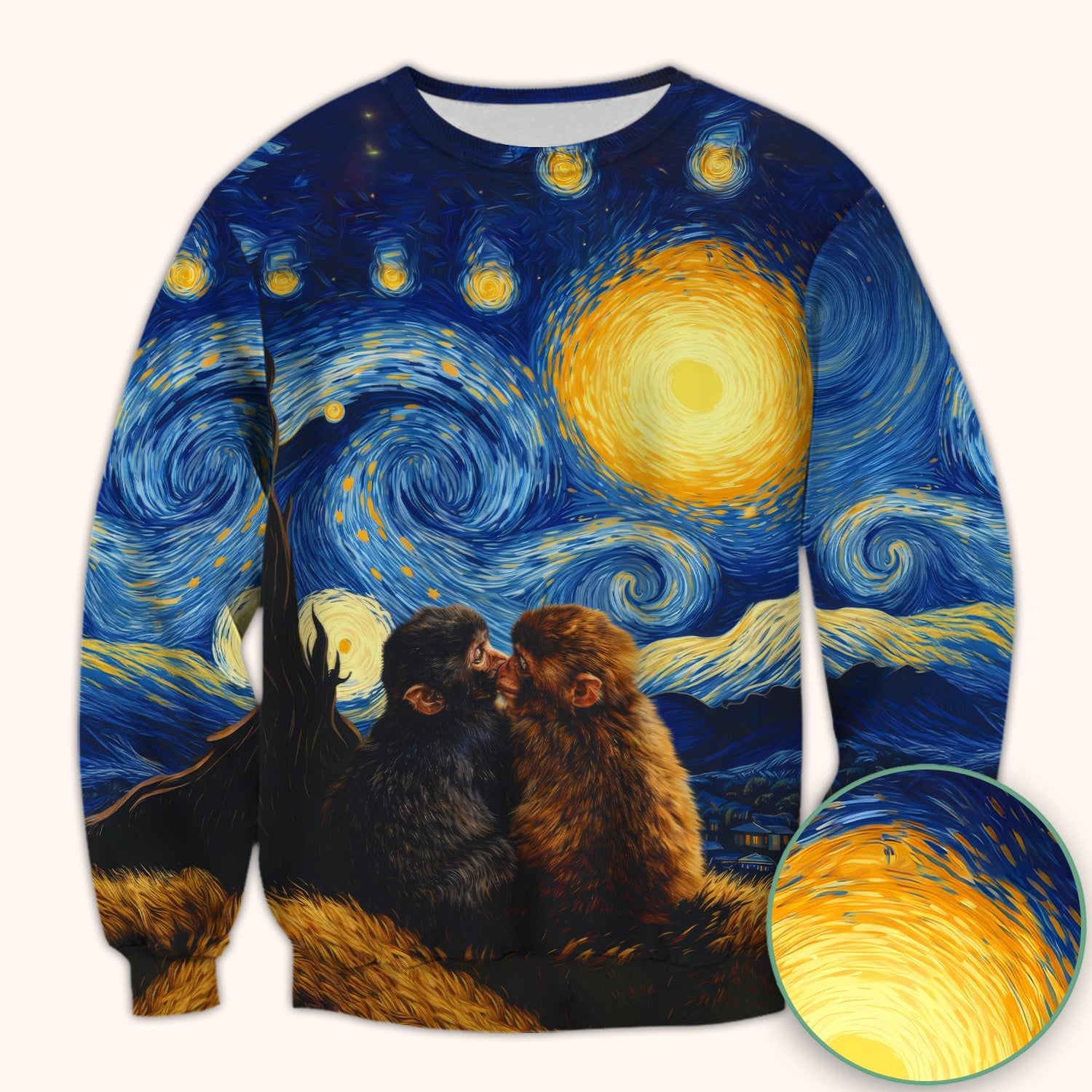 Romantic Monkey Couple Night Sky Pattern Scrub Top, Breathable Fabrics Nursing Uniform