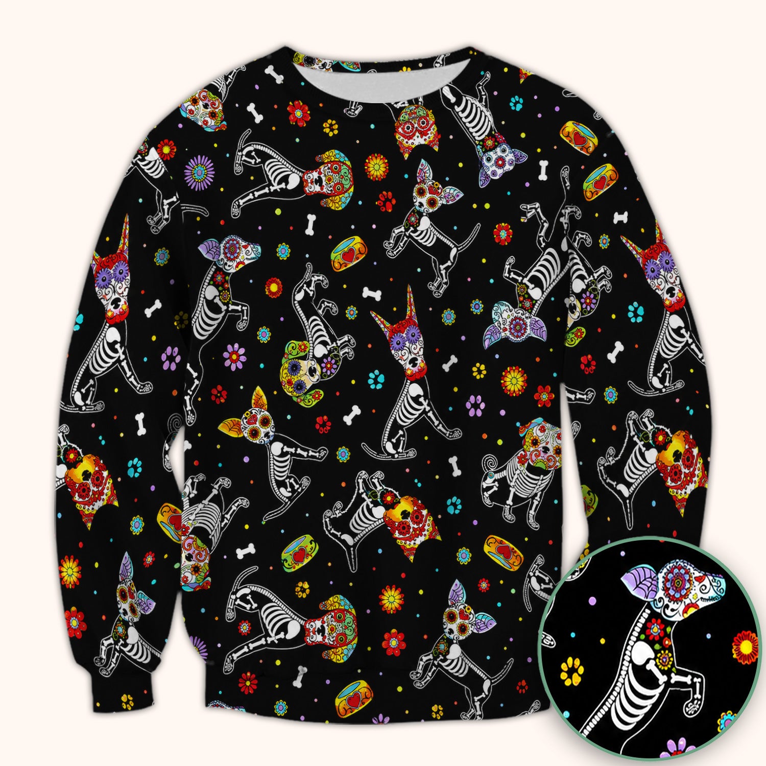 Colorful Day Of The Dead Dogs Scrub Top, Comfortable Scrubs for Nurses