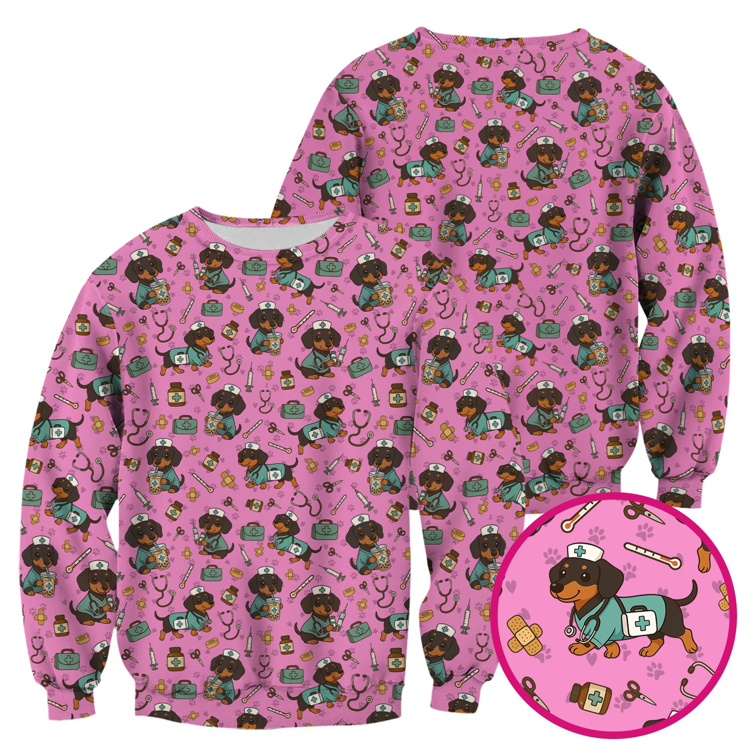 Funny Dachshund Nurse Scrubs - Cute Dog Print Medical Shirt - Holiday Nurse Scrub Top Gift for RN CNA Doctor, Women & Men