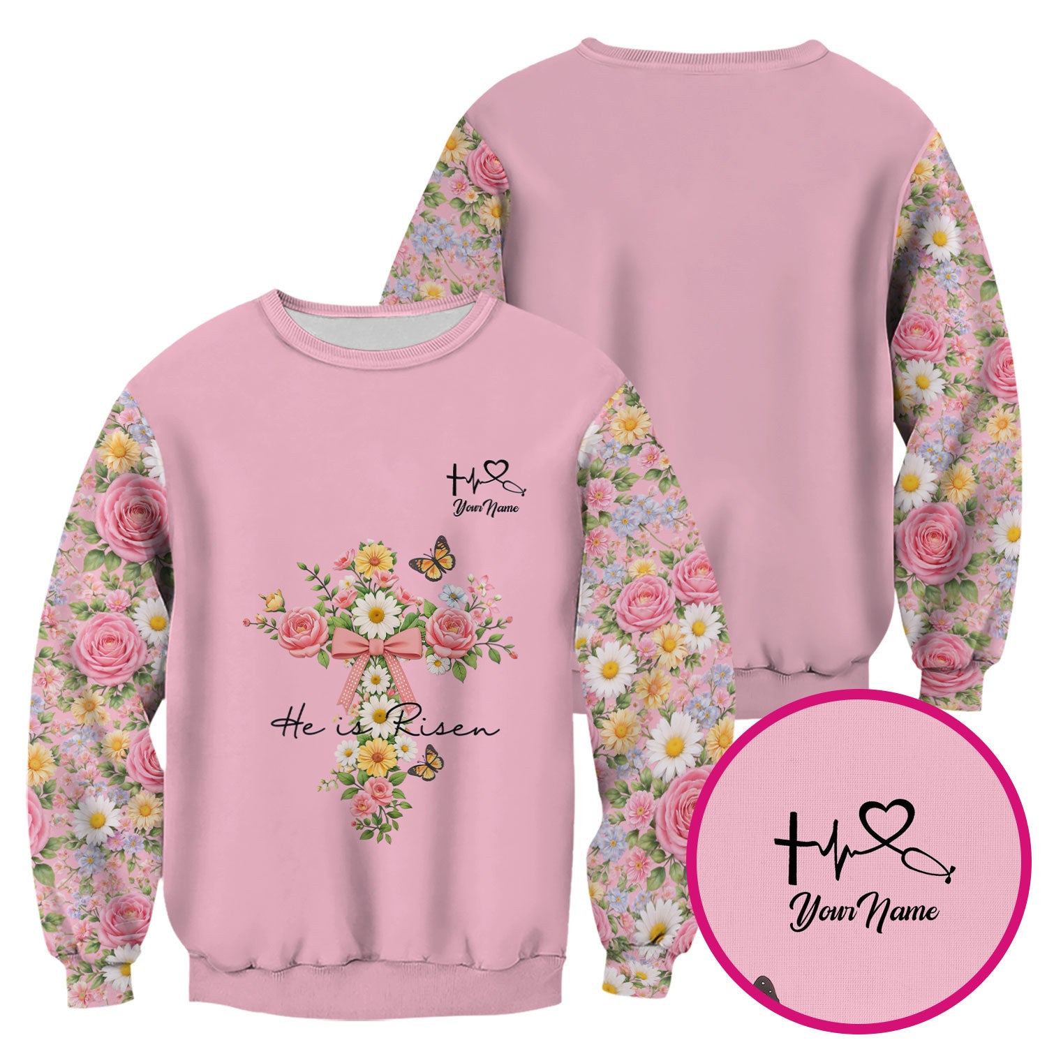 Personalized Meaningful Easter Nurse He Is Risen Floral Cross Bow Pattern Scrub Top, Comfortable Scrubs for Nurses