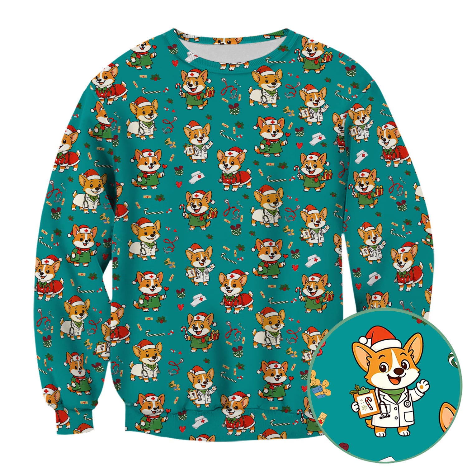Cute Christmas Corgi Scrub Top - Cute Holiday Dog Nurse Uniform - Funny Medical Top Gift for RN CNA LPN Nursing Students