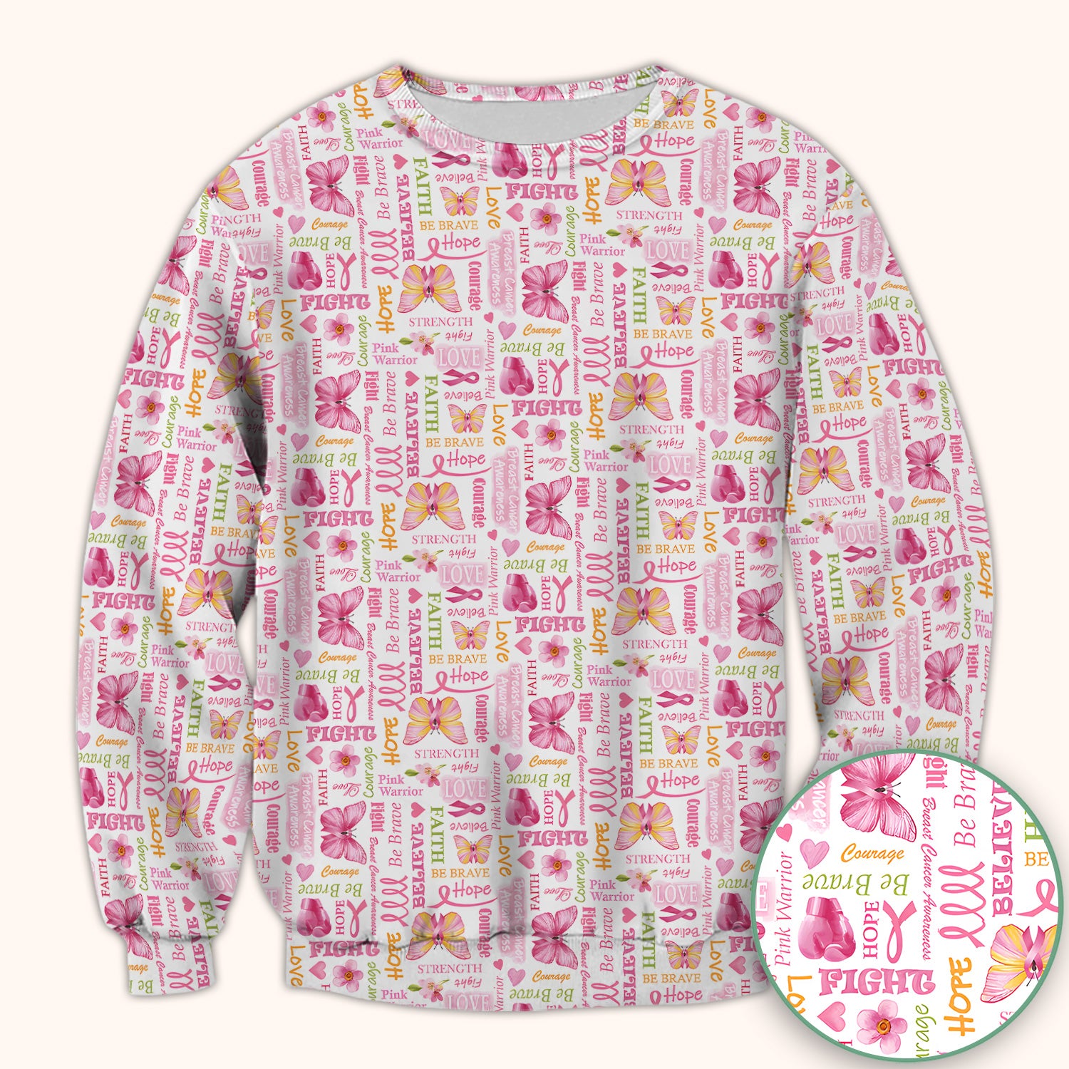 Pink Ribbon Butterfly Print Scrub Top, Comfortable Scrubs for Nurses