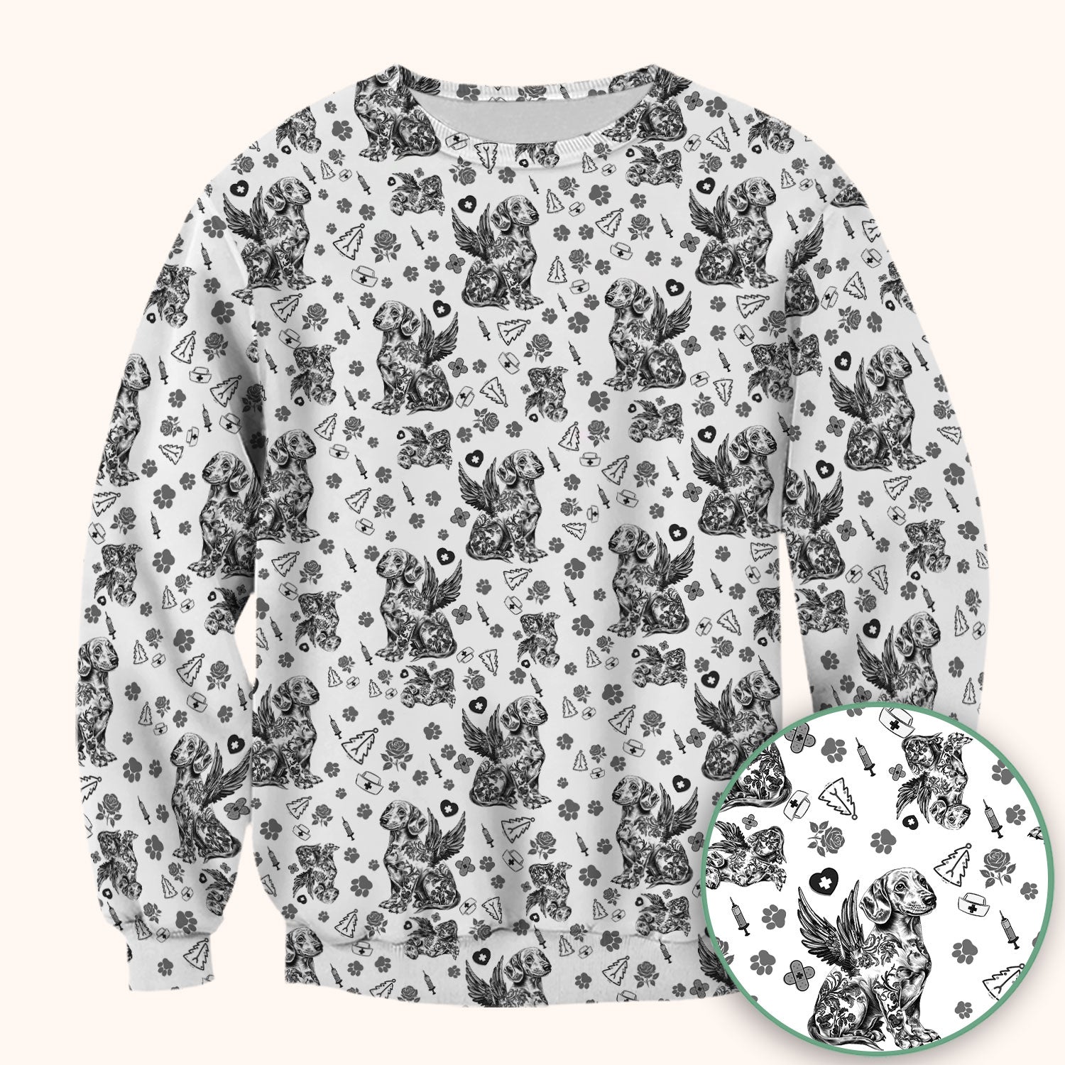 Toile de Jouy Dachshund Angel Scrub Top - Blue Vintage Dog Nurse Shirt - Memorial Christmas Gift