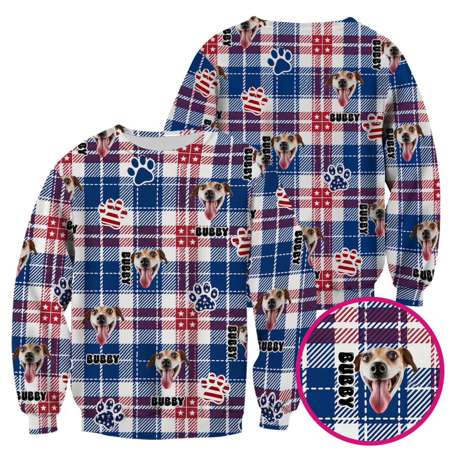 Custom Dog Face Scrub Top, Personalized Patriotic Dog Plaid Pattern Shirt, Custom Name Vet Tech Gift For Nursing