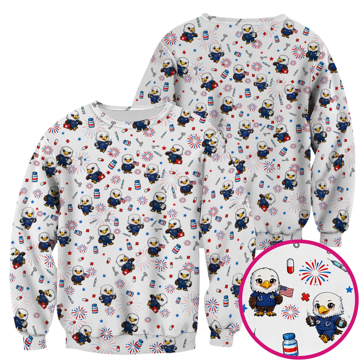 Patriotic Nurse Eagle Fireworks Medical Pattern Scrub Top, Breathable Fabrics Nursing Uniform