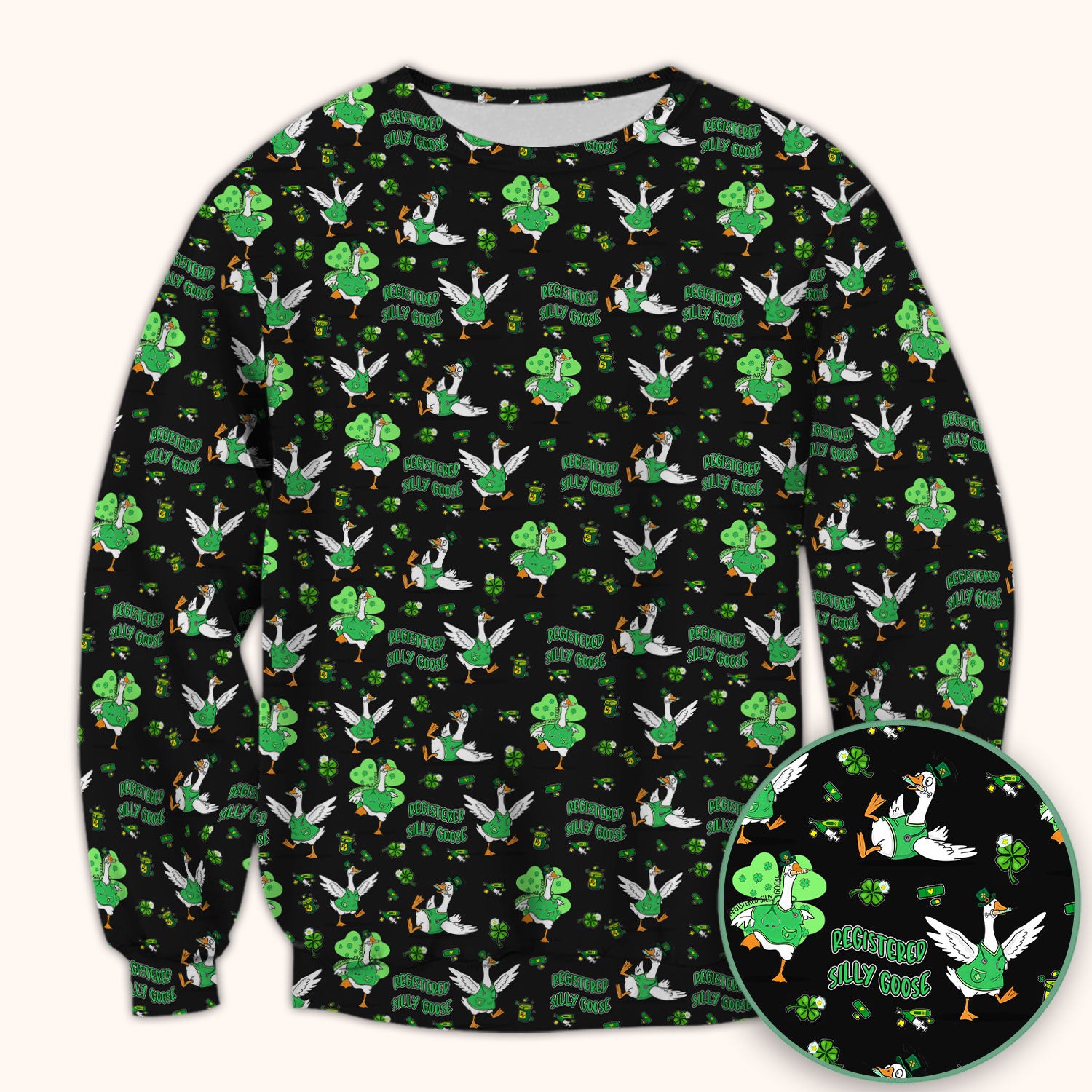 Silly Goose St. Patrick’s Day Scrub Top, Funny Goose Shamrock Pattern Nurse Scrub Shirt, Irish Green Nursing Uniform