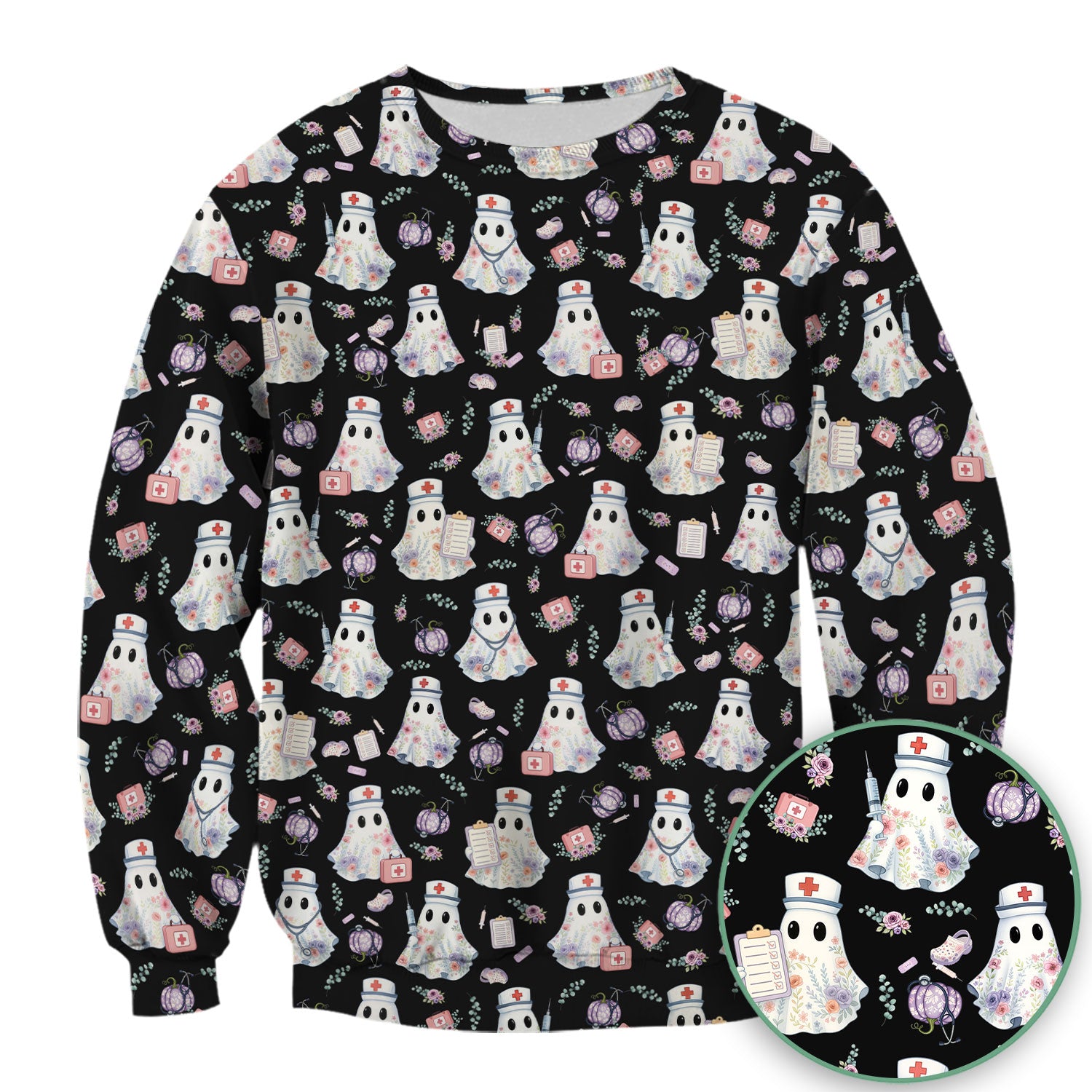 Ghost Nurse Medical Uniform - Cute Boo Halloween Pumpkin Scrub Top for Women - Gift for CRNA ICU Nurses