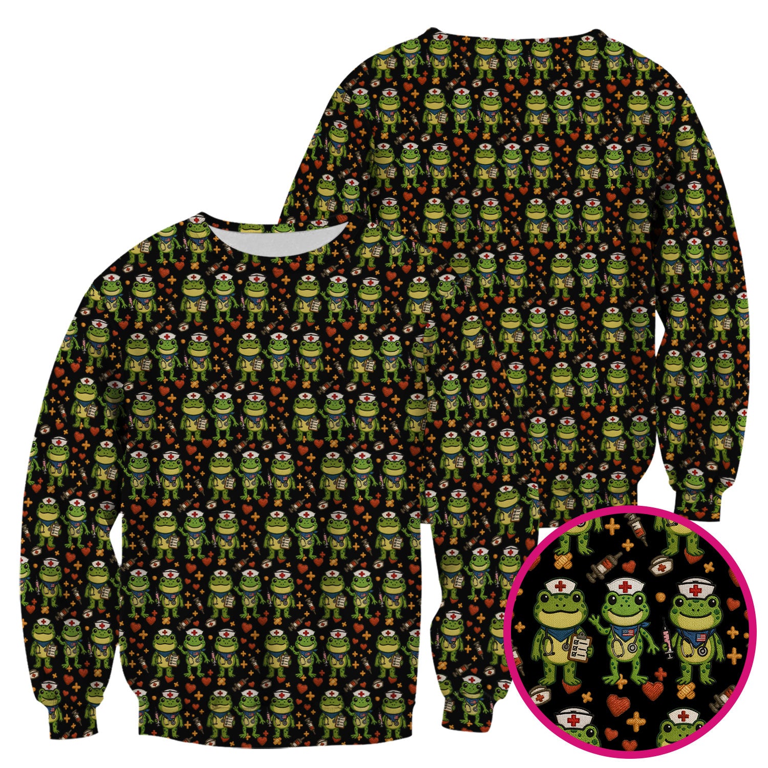 Frog Pattern Scrub Top, Cute Frog Scrub Shirt, Breathable Fabrics Nursing Uniform