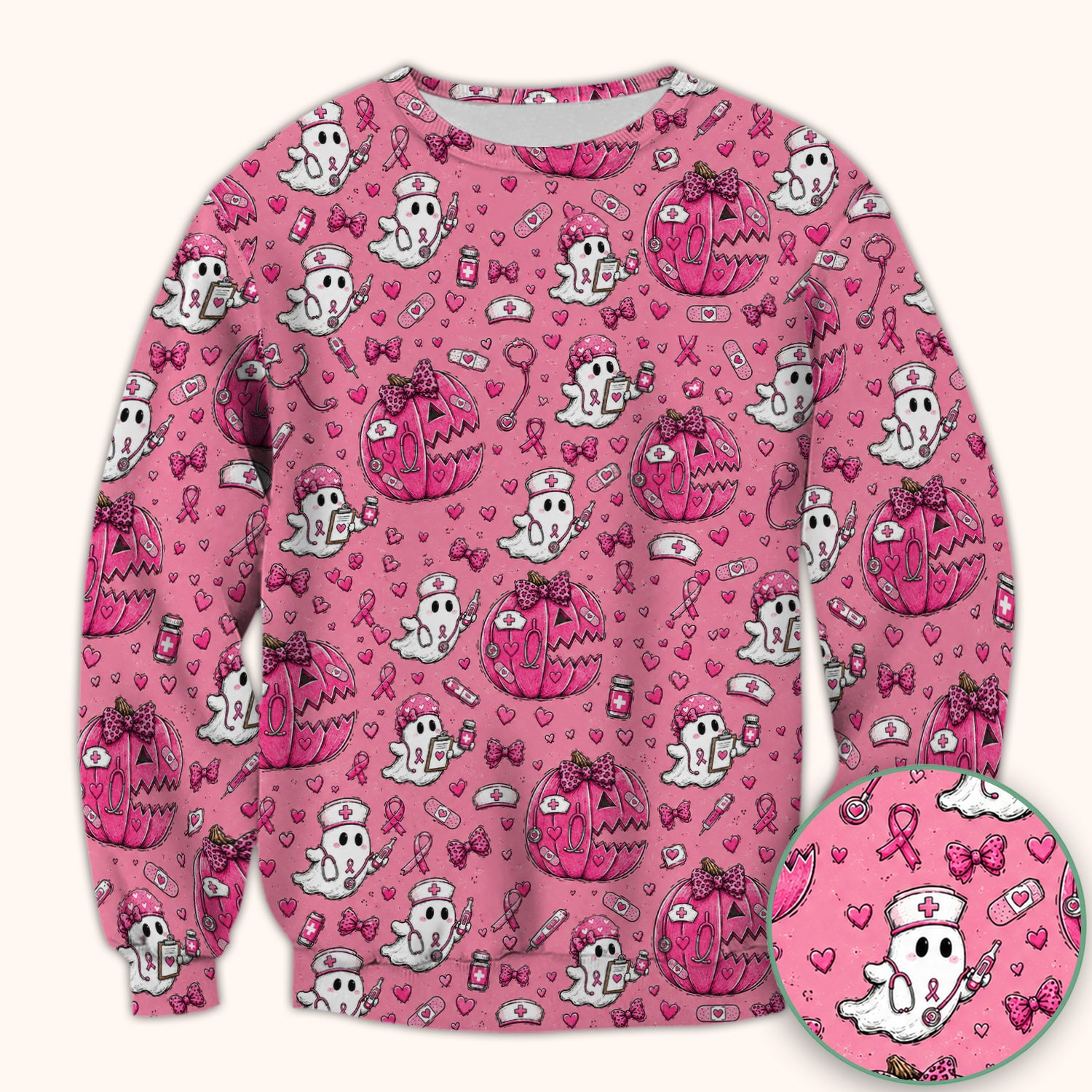 Pink Ribbon Ghost Pattern Scrub Top, Comfortable Scrubs for Nurses