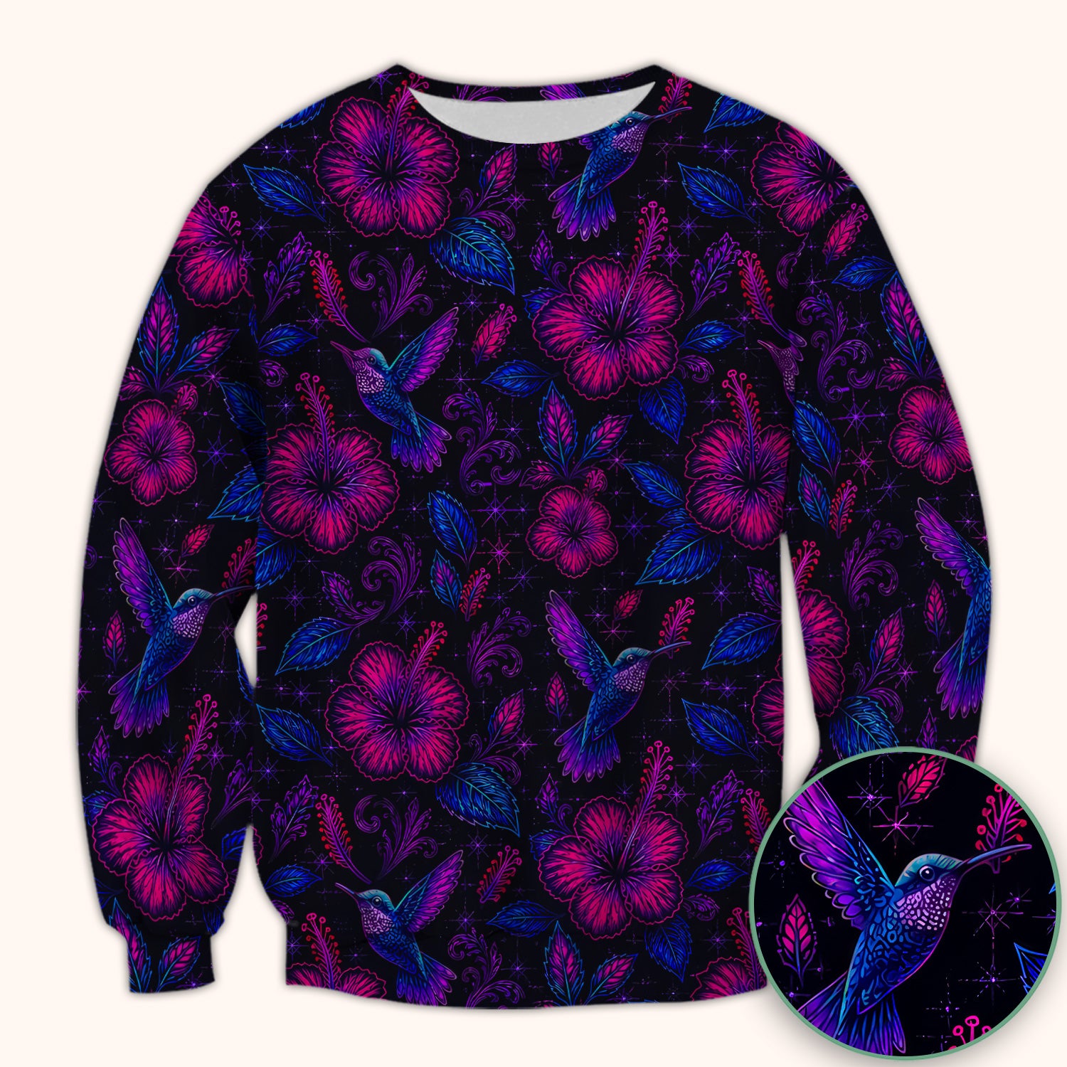 Tropical Hummingbird Hibiscus Floral Pattern Scrub Top, Comfortable Scrubs for Nurses