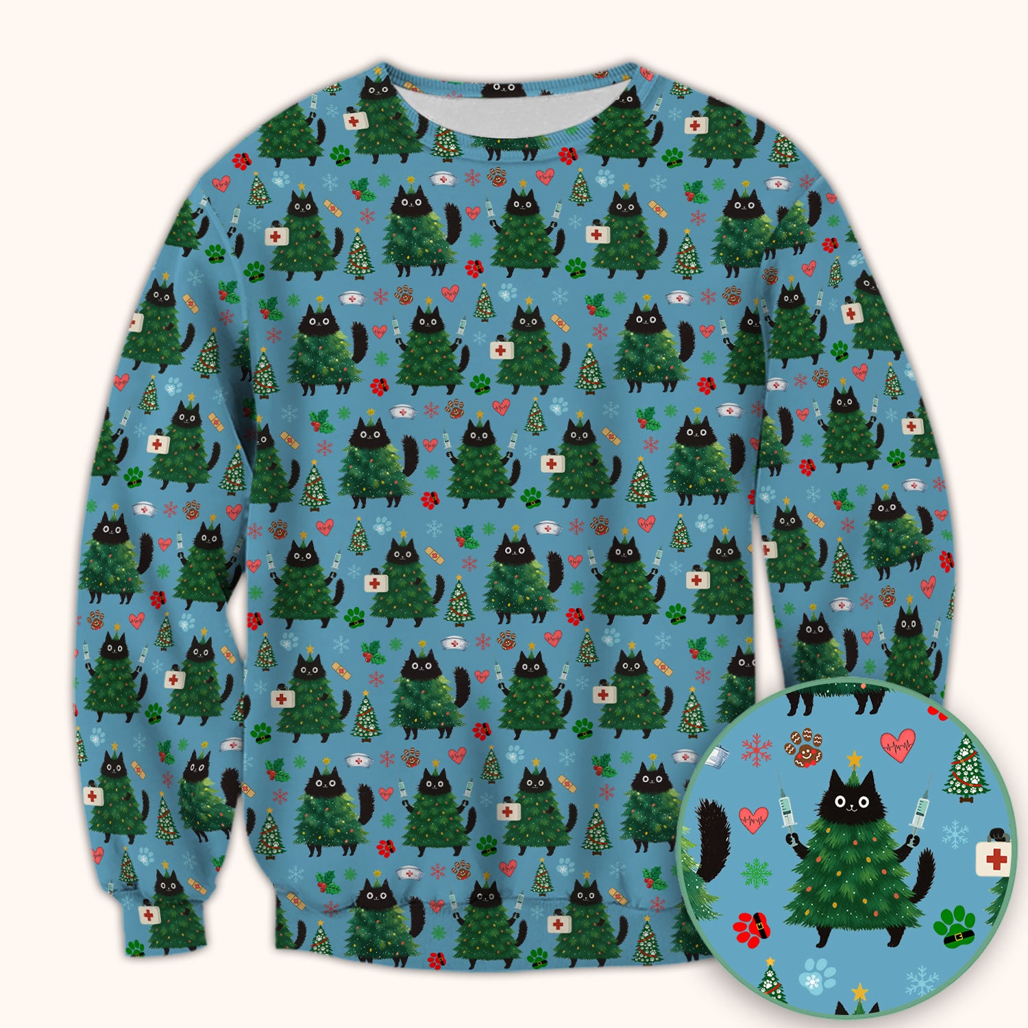Christmas Nurse Scrub Top, Xmas Black Cat Pattern Nurse Shirt,  Breathable Fabrics Nursing Uniform