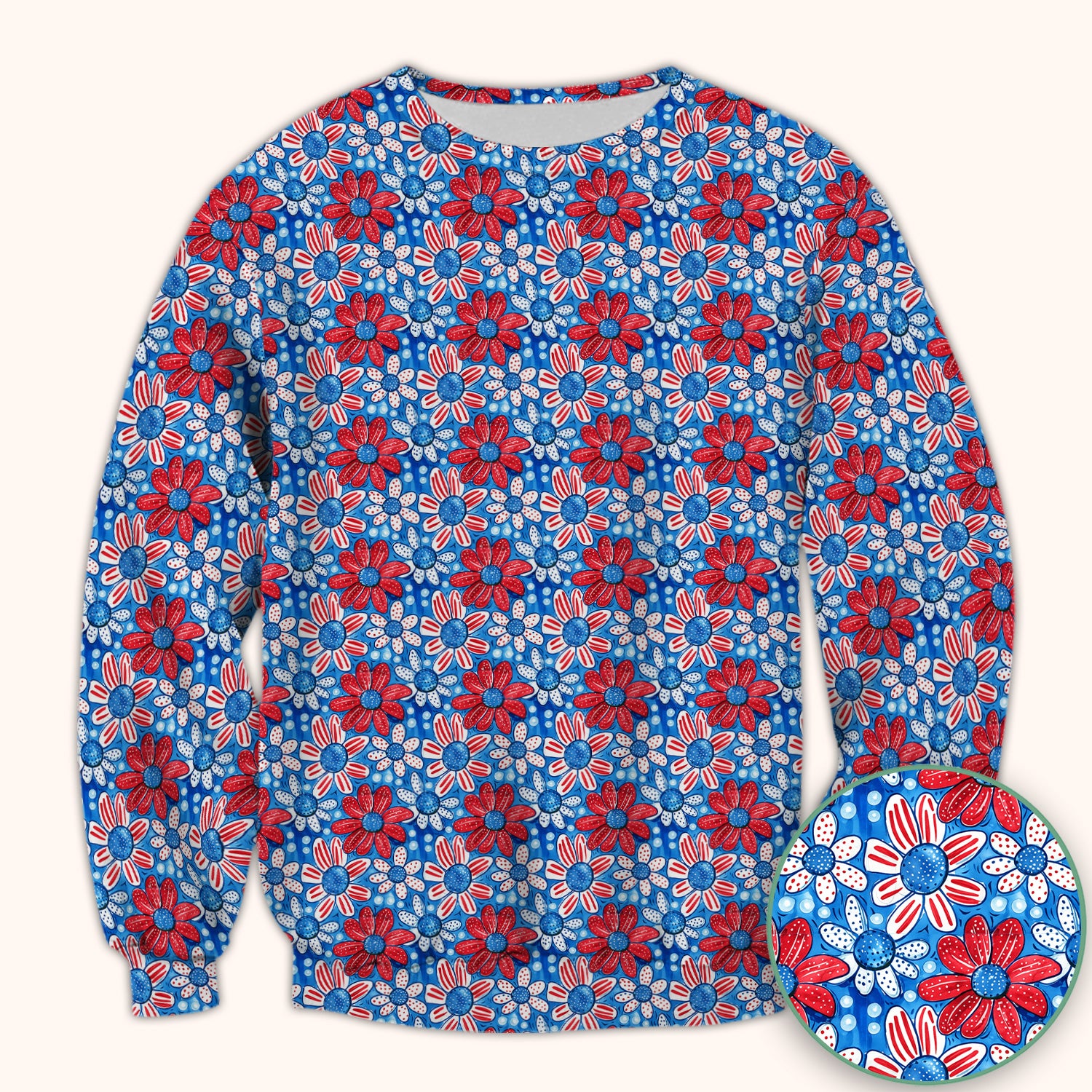 Cute Patriotic Daisy Blossom Repeat Pattern Scrub Top, Comfortable Scrubs for Nurses
