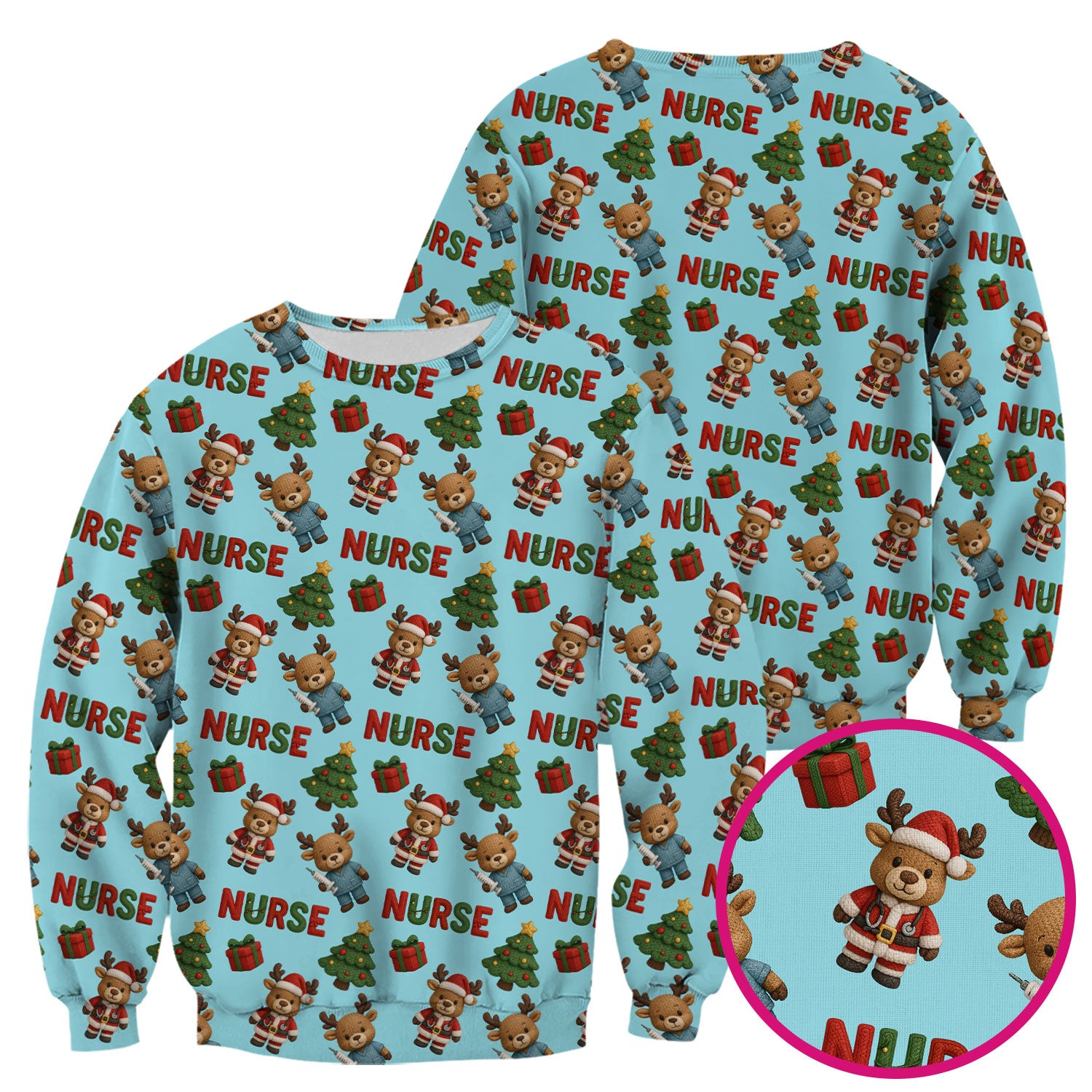 Reindeer Christmas Scrub Top, Cute Holiday Nurse Scrub Shirt, Festive Pattern Nursing Uniform